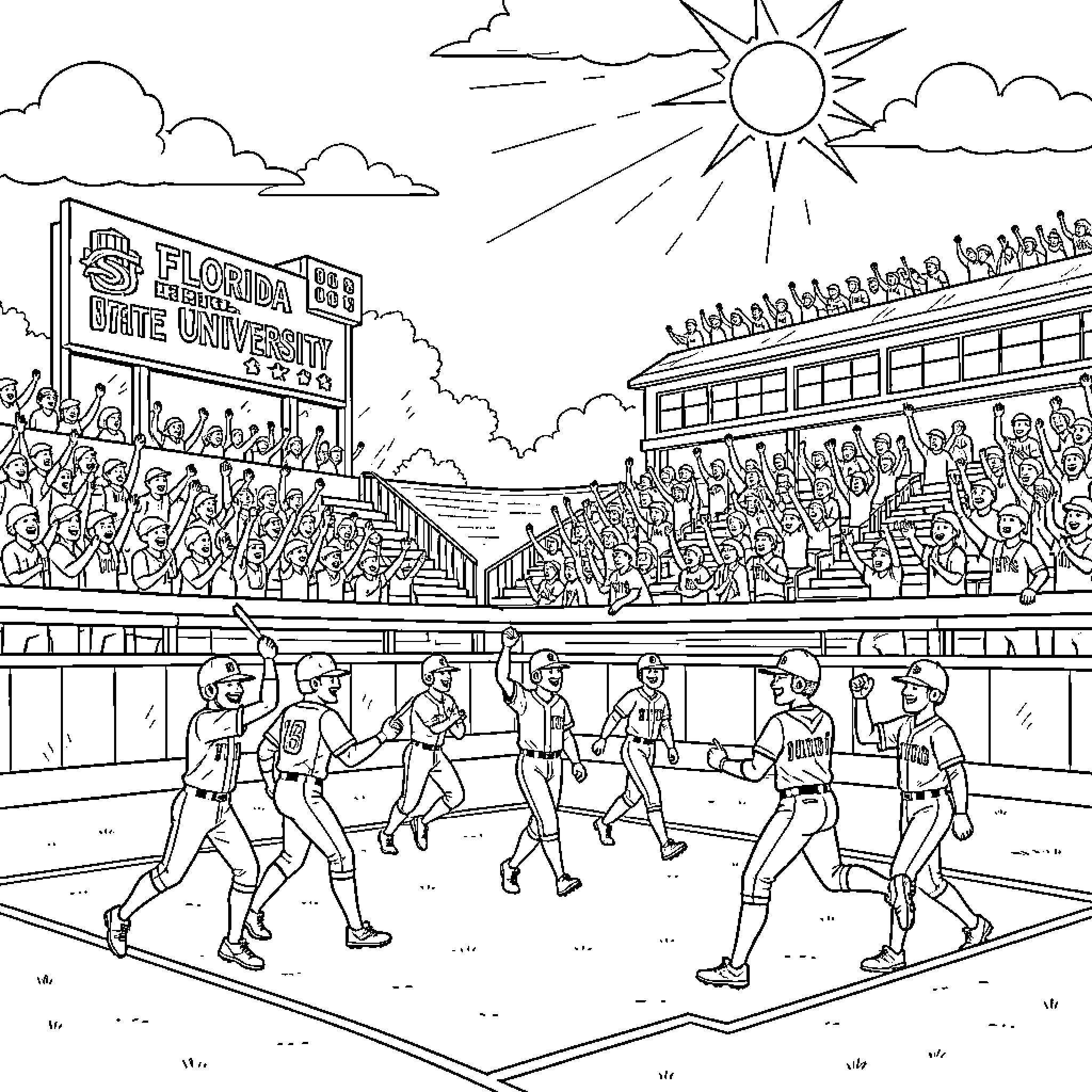 Baseball players celebrating a victory in the stadium Coloring Page (free black-and-white line drawing printable PDF for all, from beginners to advanced learners, including children, teens, adults, and seniors)