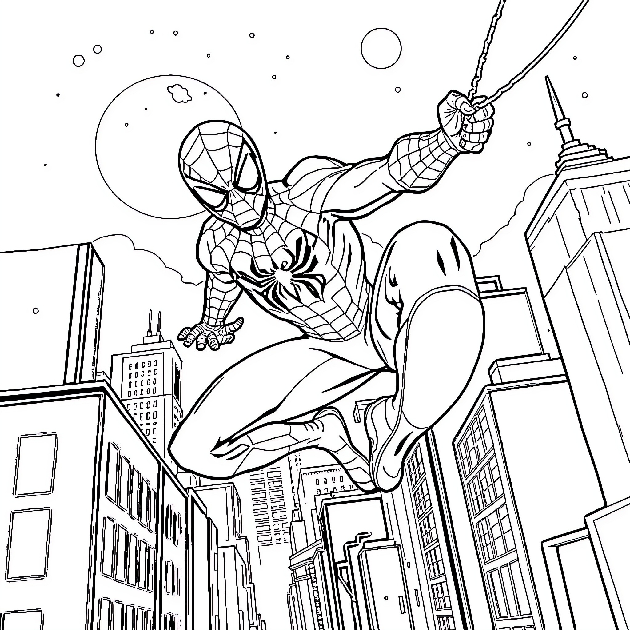 Spider-Man swinging through the city at night Coloring Page (free black-and-white line drawing printable PDF for all, from beginners to advanced learners, including children, teens, adults, and seniors)