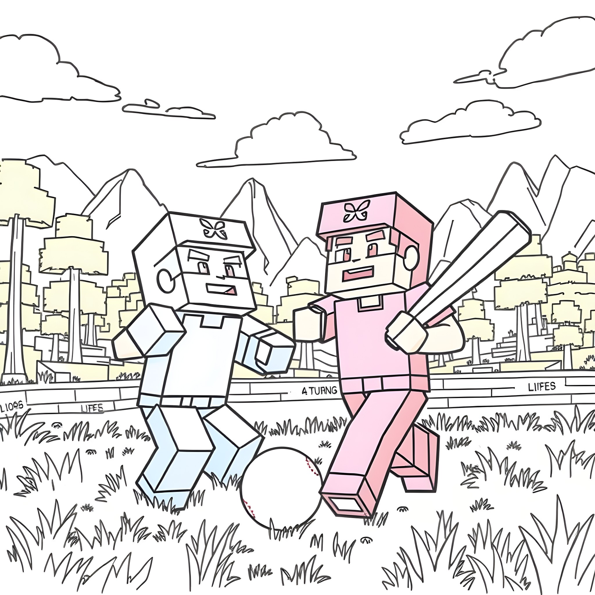 Minecraft Characters Exploring the Scenic Landscape Coloring Page (free black-and-white line drawing printable PDF for all, from beginners to advanced learners, including children, teens, adults, and seniors)