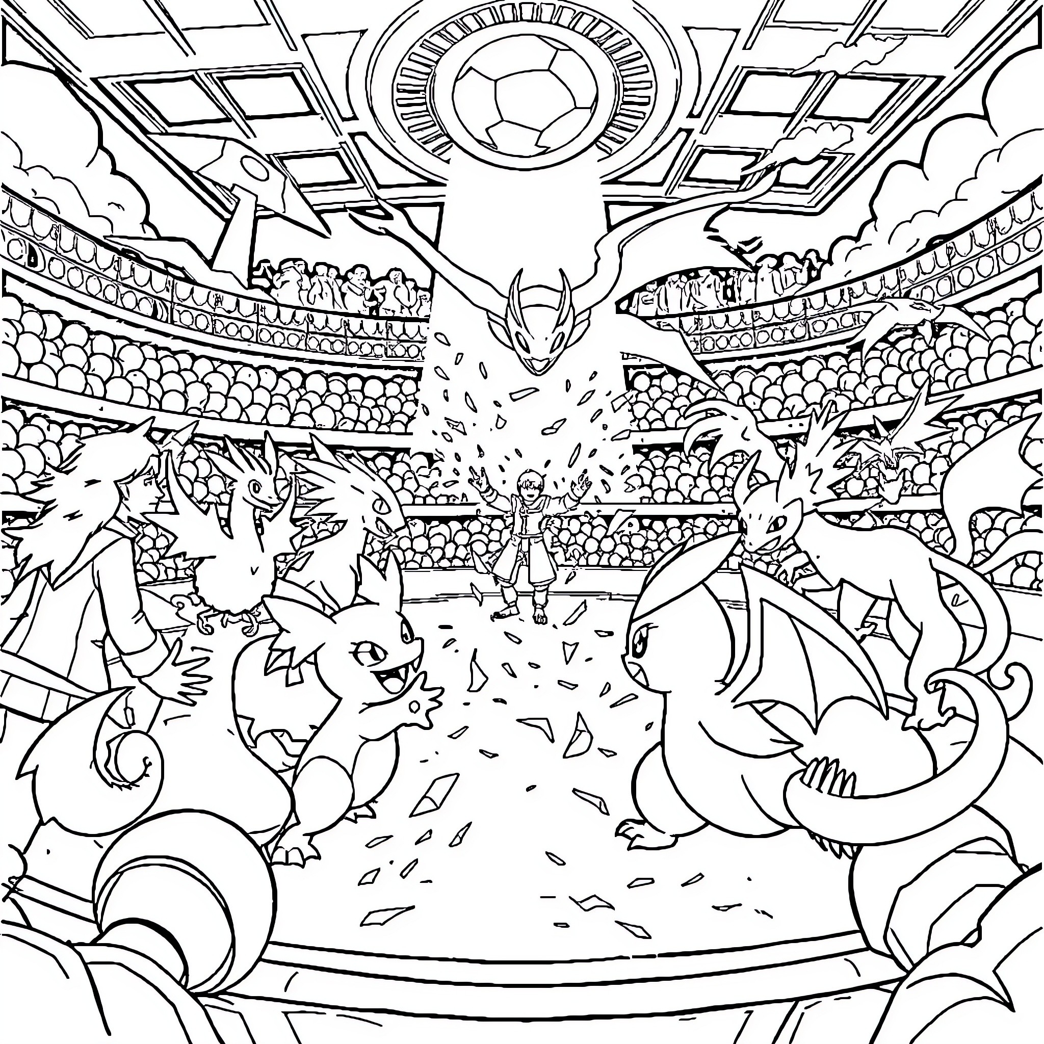 Pokémon Battling in an Elaborate Stadium Coloring Page (free black-and-white line drawing printable PDF for all, from beginners to advanced learners, including children, teens, adults, and seniors)
