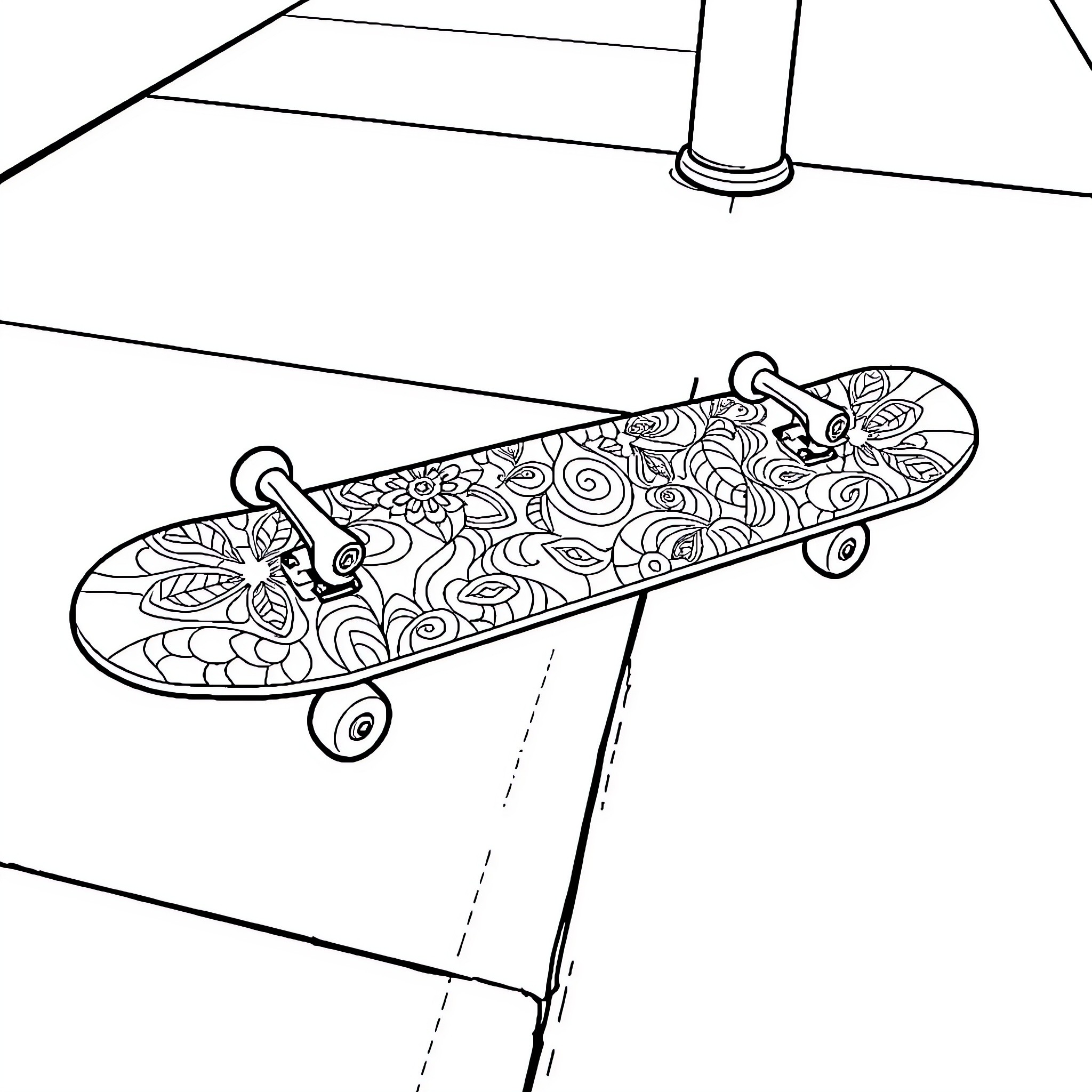 Skateboard with intricate floral designs Coloring Page (free black-and-white line drawing printable PDF for all, from beginners to advanced learners, including children, teens, adults, and seniors)