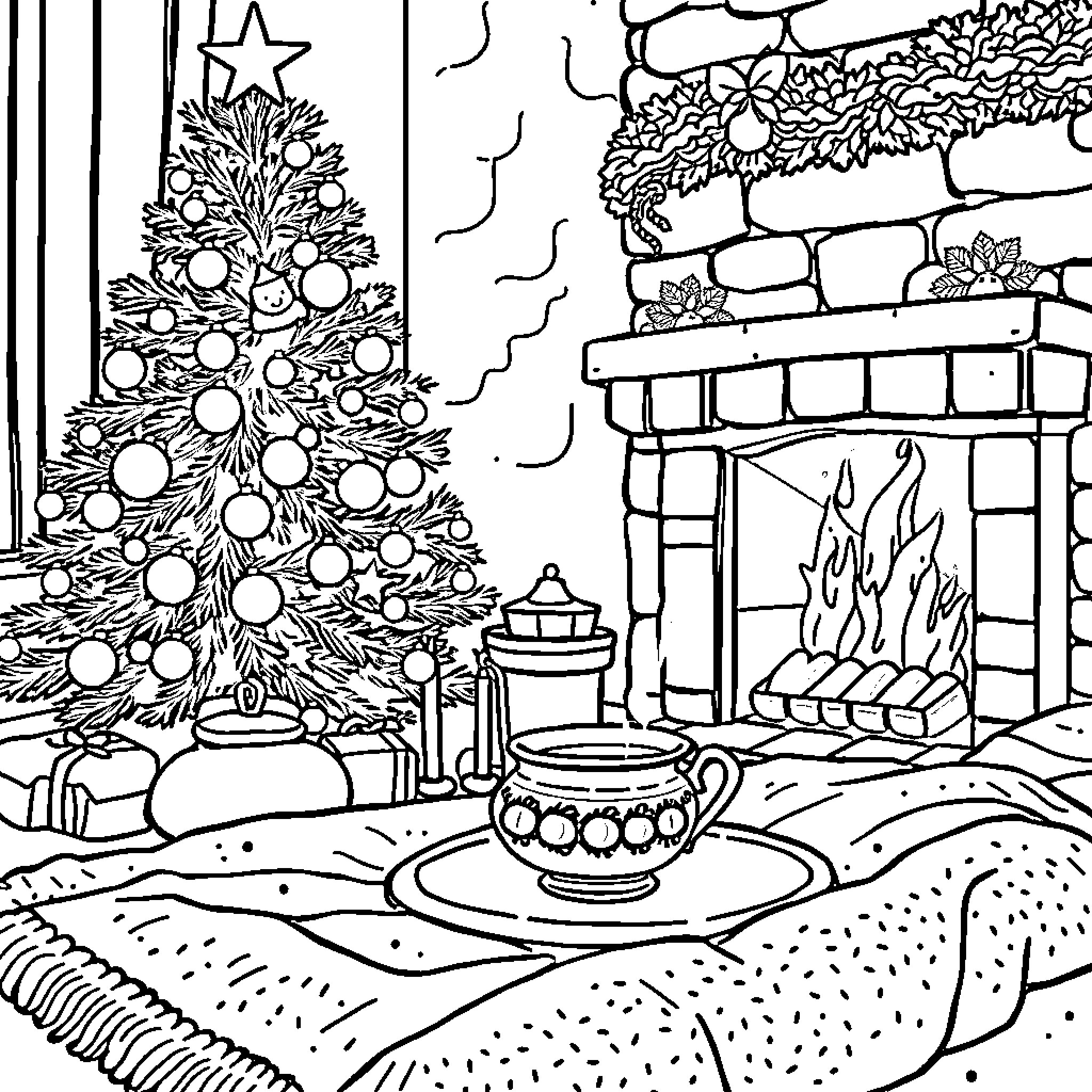 Christmas Tree with Ornaments and Fireplace Coloring Page (free black-and-white line drawing printable PDF for all, from beginners to advanced learners, including children, teens, adults, and seniors)
