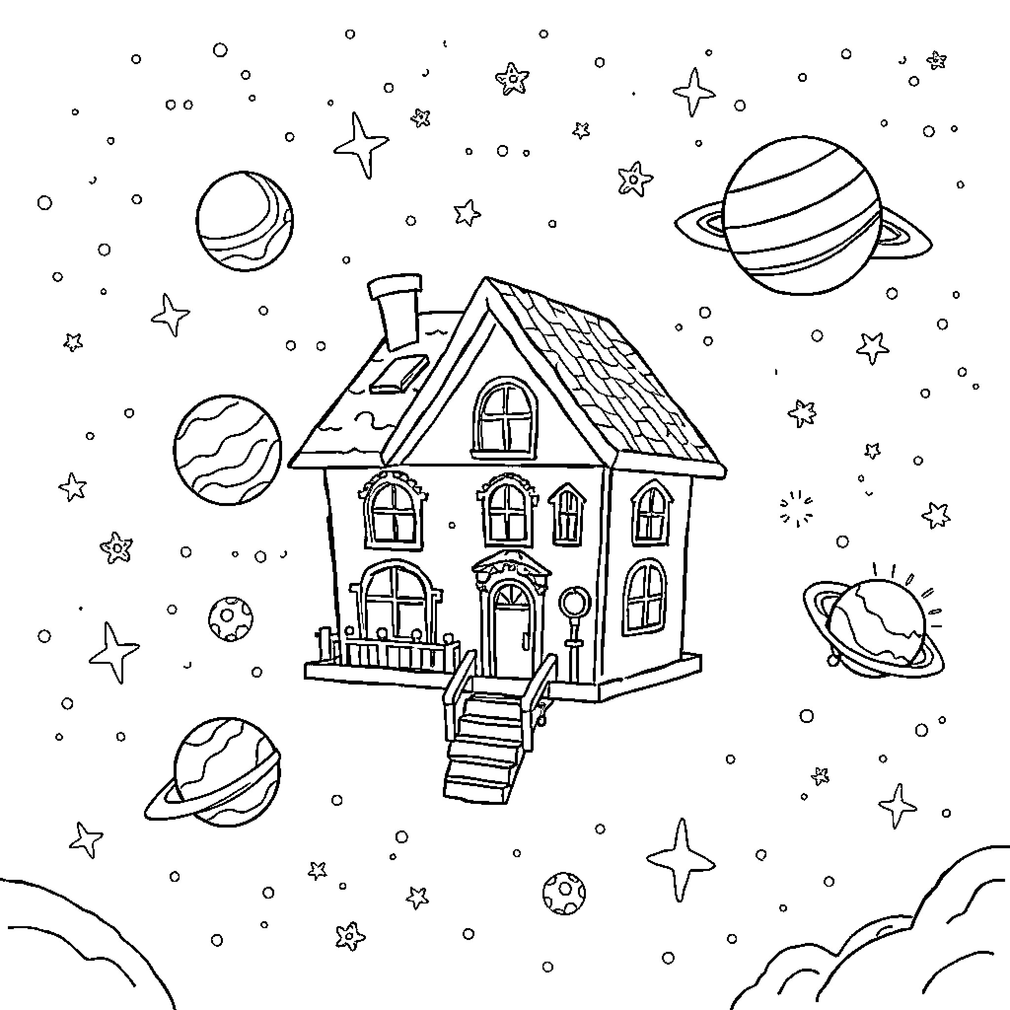 Dollhouse in the starry night sky Coloring Page (free black-and-white line drawing printable PDF for all, from beginners to advanced learners, including children, teens, adults, and seniors)