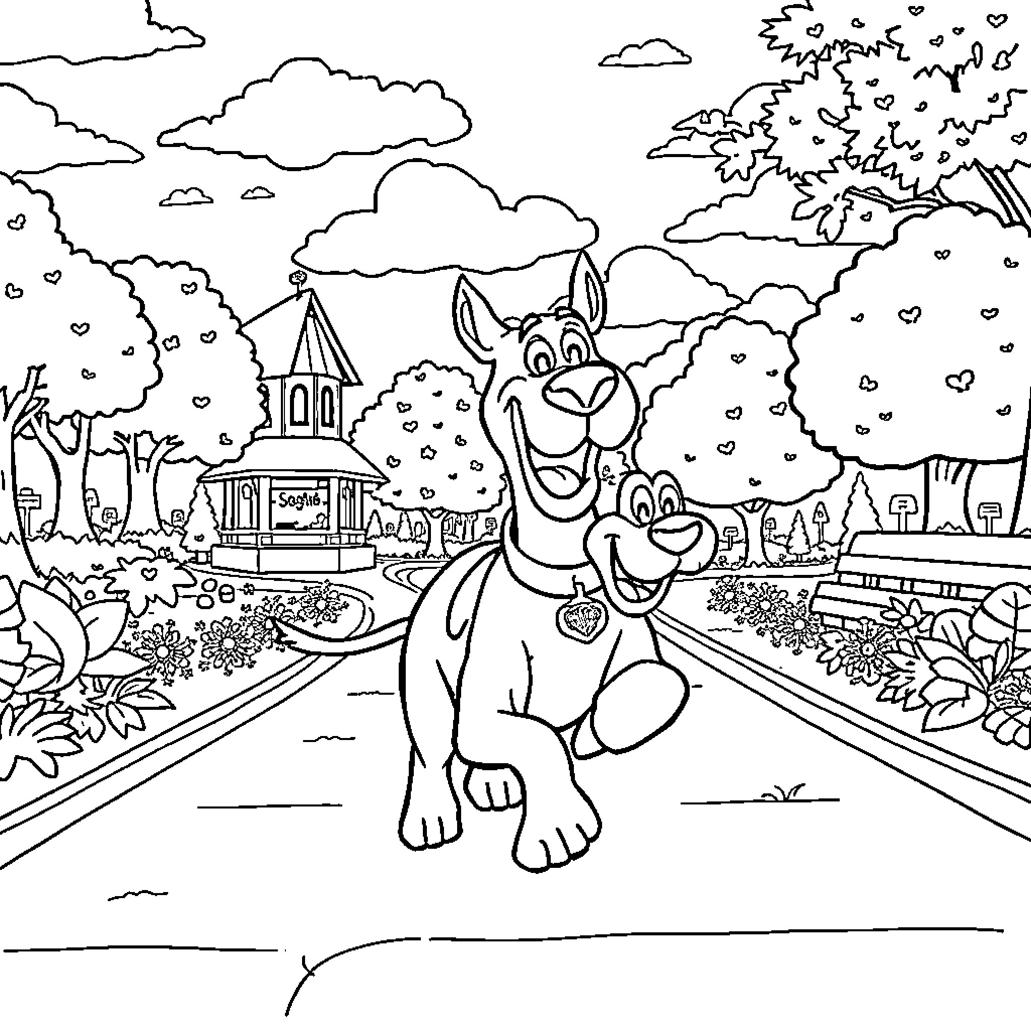 Scooby Doo enjoys a scenic countryside adventure Coloring Page (free black-and-white line drawing printable PDF for all, from beginners to advanced learners, including children, teens, adults, and seniors)
