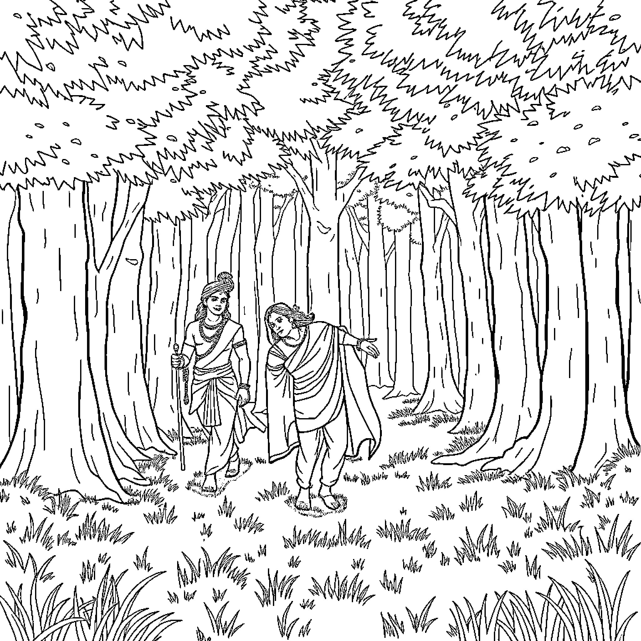 Ram and Sita's Adventure in the Forest Coloring Page (free black-and-white line drawing printable PDF for all, from beginners to advanced learners, including children, teens, adults, and seniors)