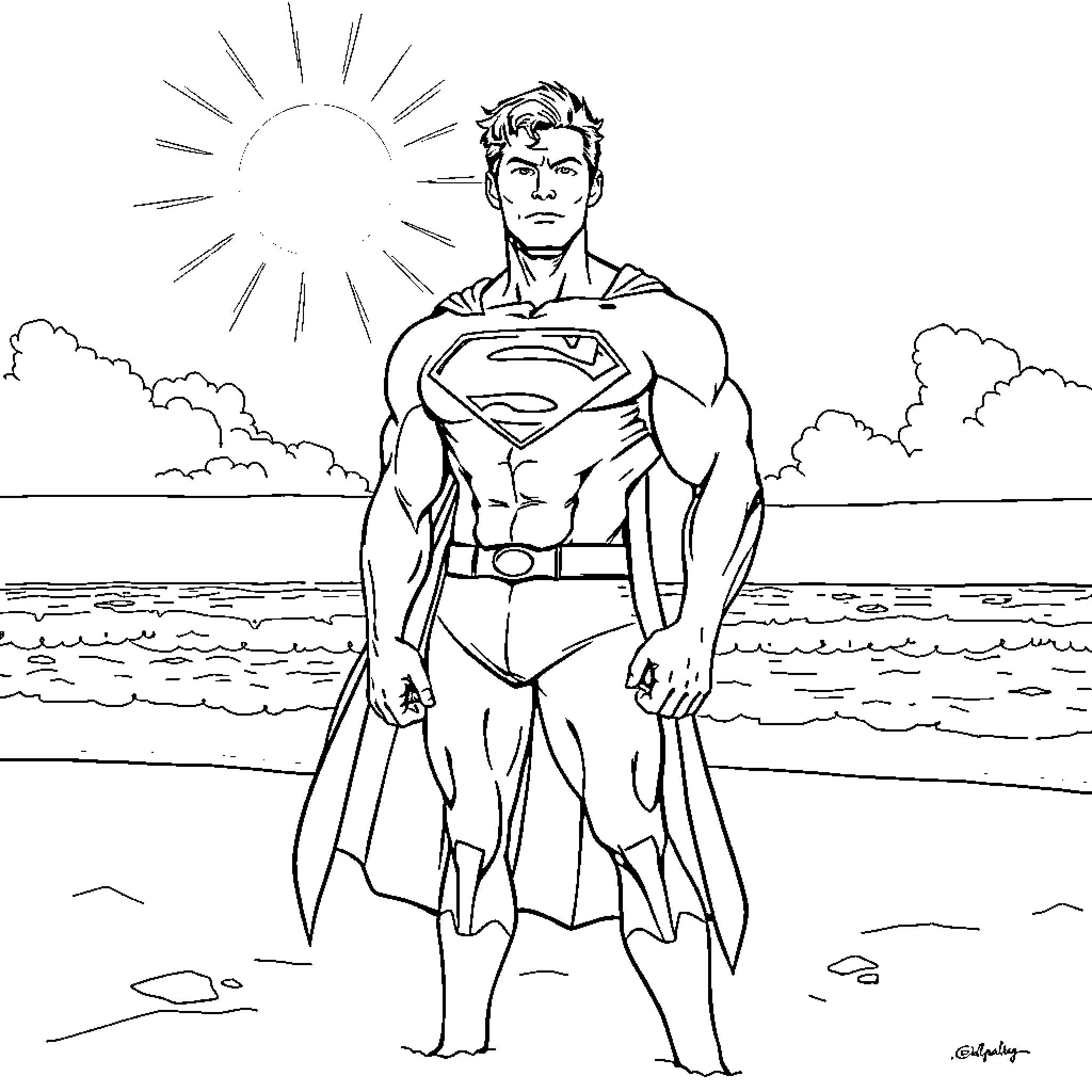 Superman standing heroically on the beach Coloring Page (free black-and-white line drawing printable PDF for all, from beginners to advanced learners, including children, teens, adults, and seniors)