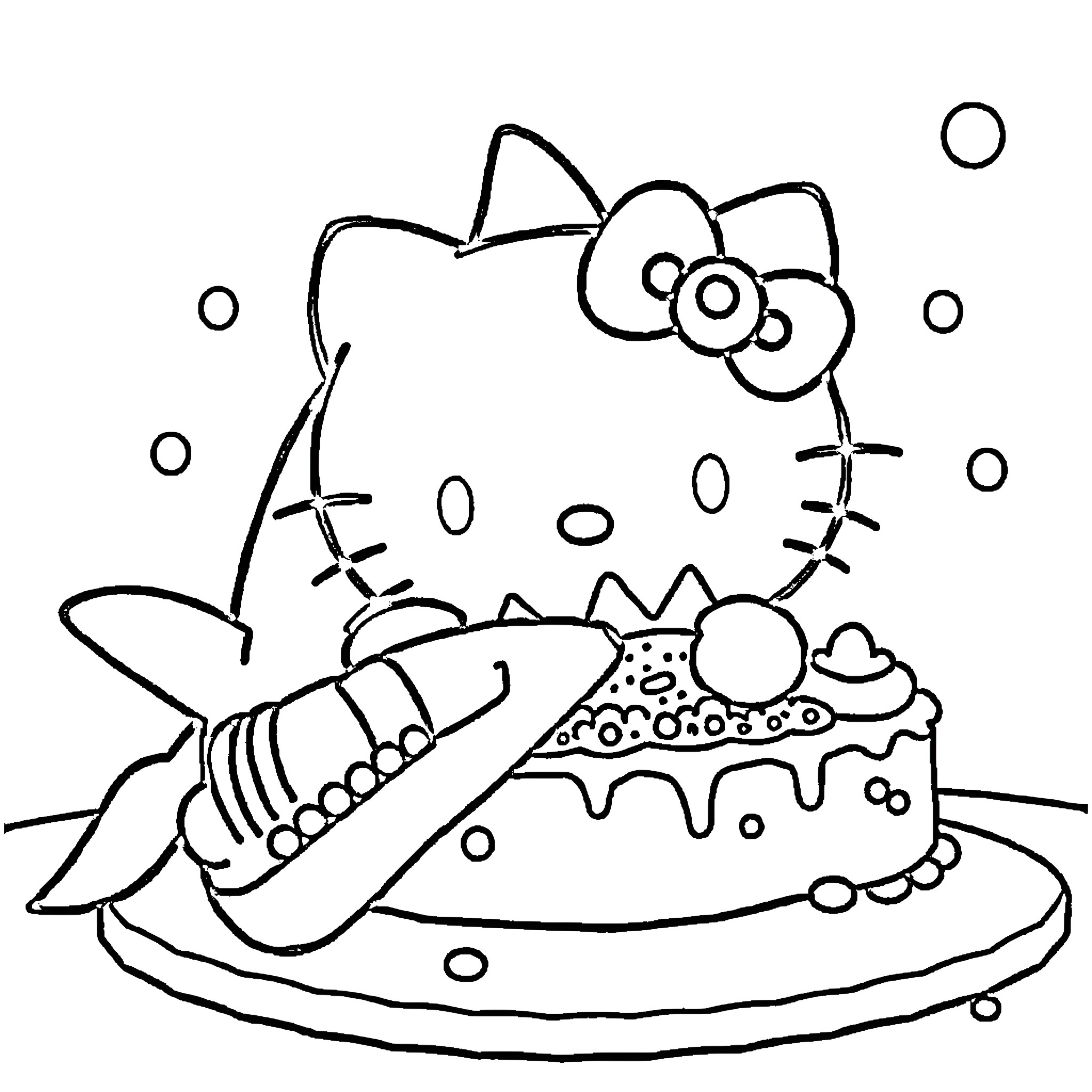 Hello Kitty enjoying a sweet cake Coloring Page (free black-and-white line drawing printable PDF for all, from beginners to advanced learners, including children, teens, adults, and seniors)