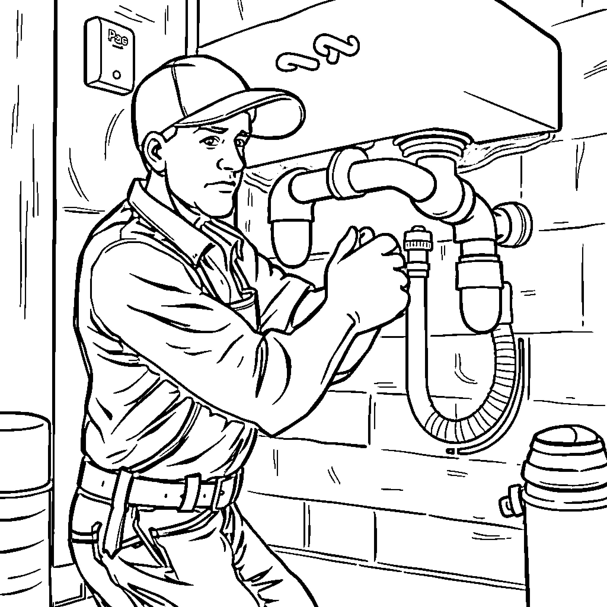 Plumber Fixing Pipes in a Basement Coloring Page (free black-and-white line drawing printable PDF for all, from beginners to advanced learners, including children, teens, adults, and seniors)