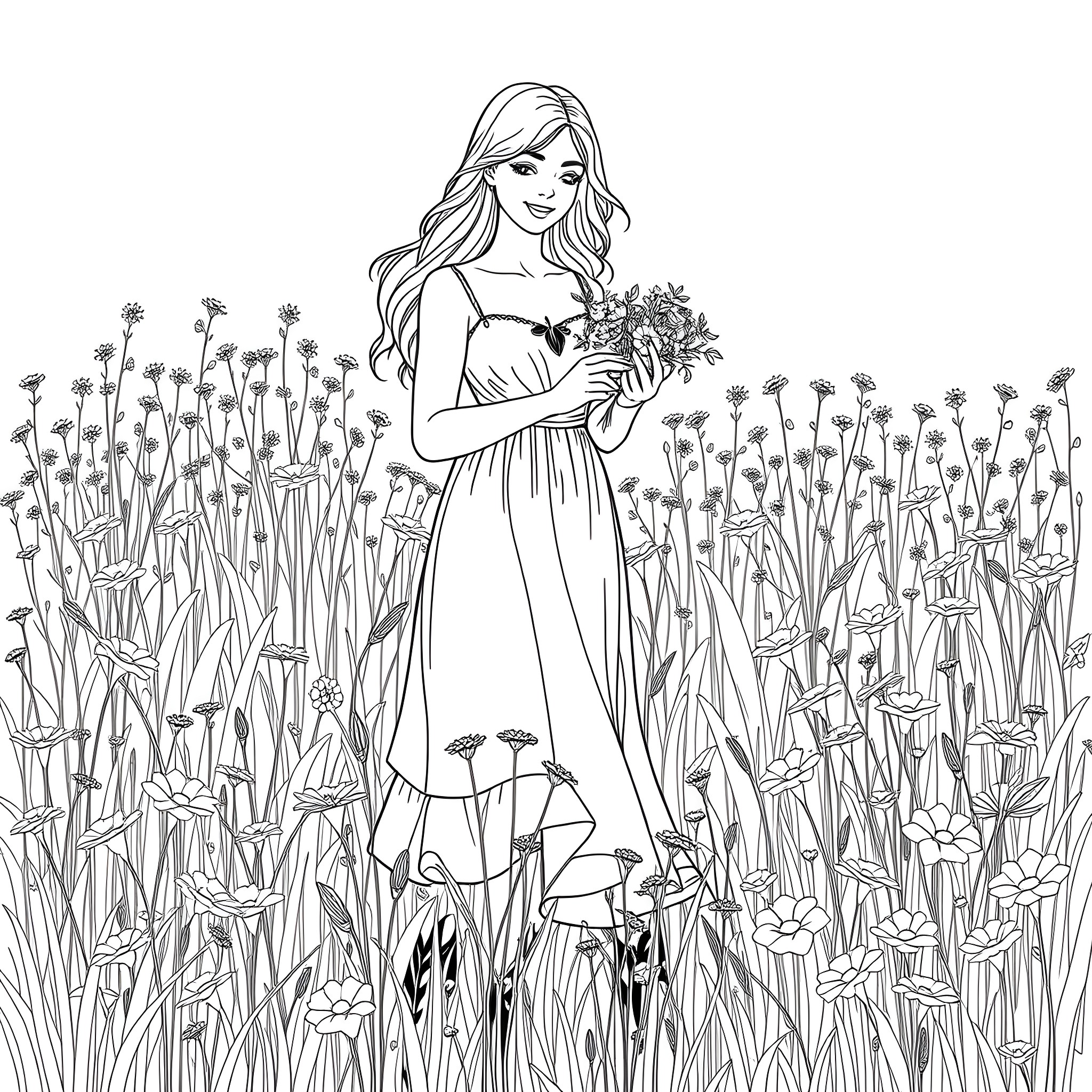 Woman in a field of flowers Coloring Page (free black-and-white line drawing printable PDF for all, from beginners to advanced learners, including children, teens, adults, and seniors)