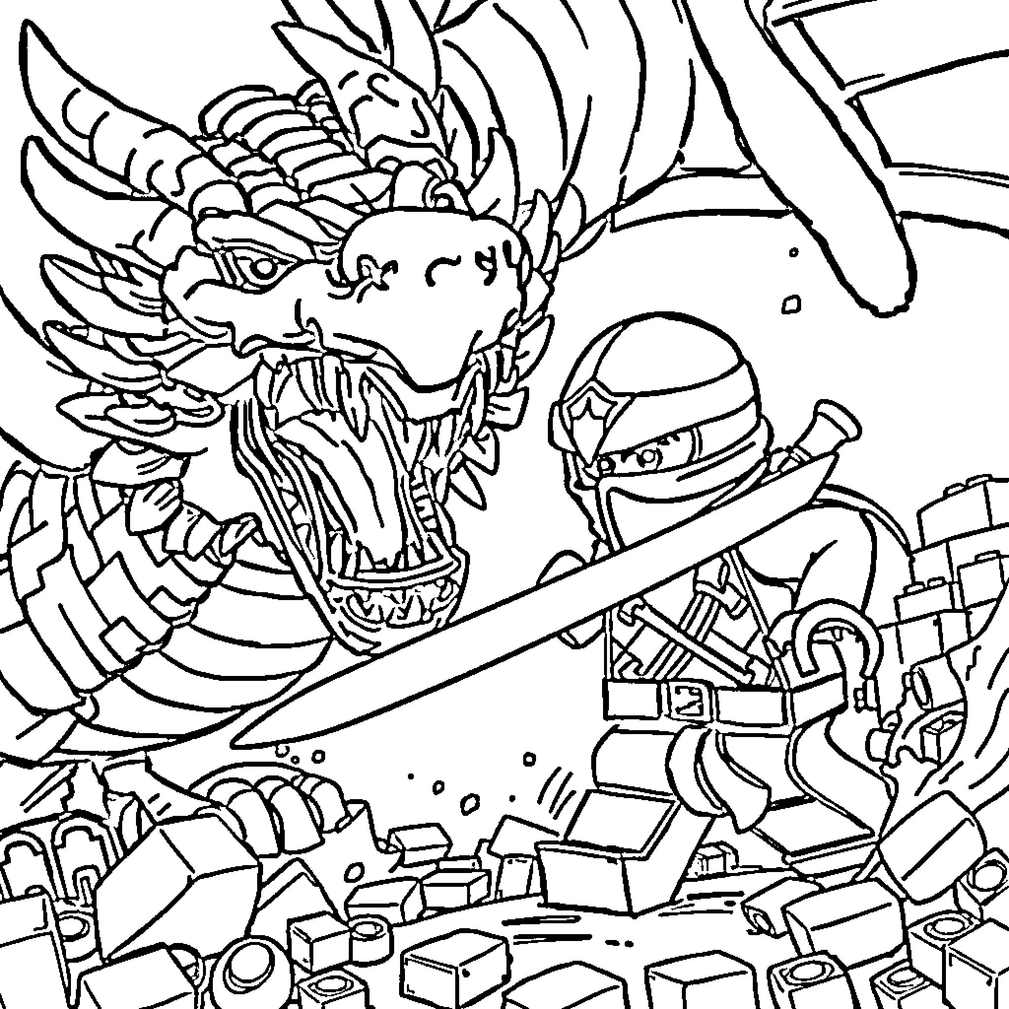 Ninja fighting a fierce dragon in a destroyed city Coloring Page (free black-and-white line drawing printable PDF for all, from beginners to advanced learners, including children, teens, adults, and seniors)