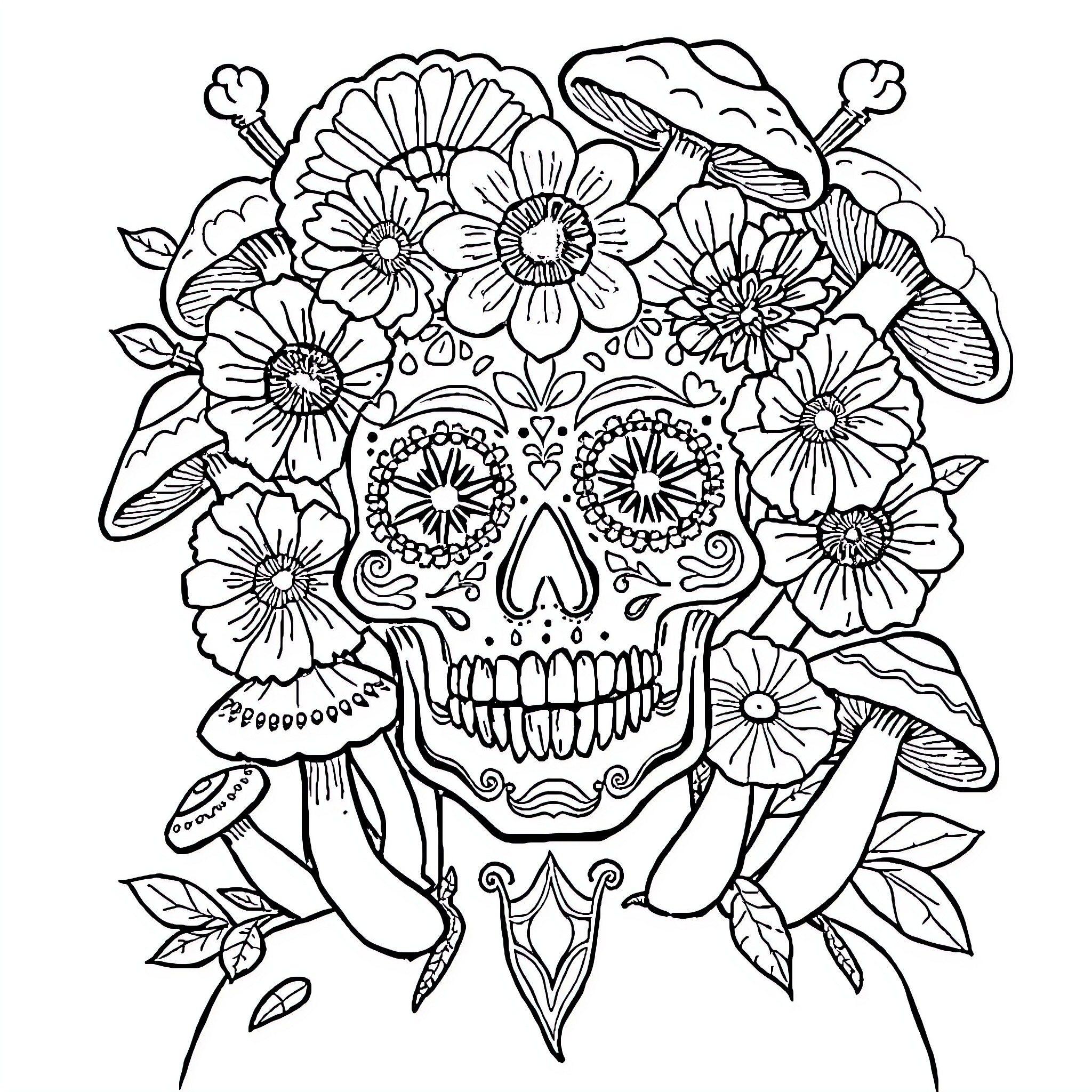 Skull adorned with whimsical floral elements Coloring Page (free black-and-white line drawing printable PDF for all, from beginners to advanced learners, including children, teens, adults, and seniors)