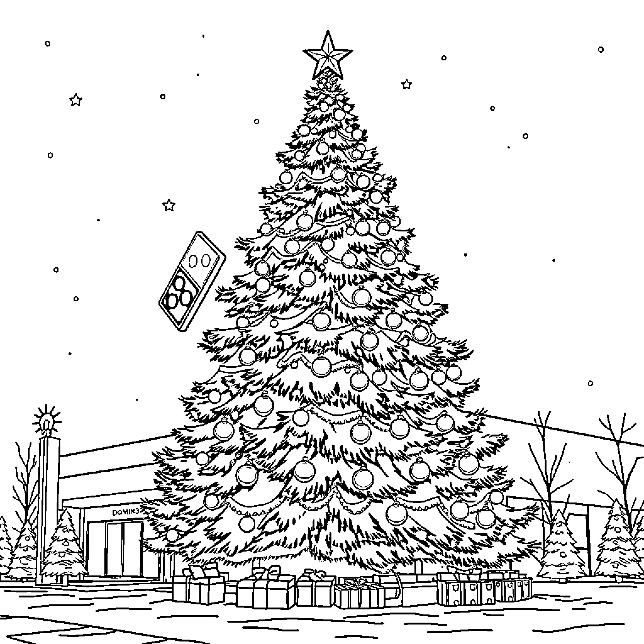 Christmas Tree Decorated with Ornaments and Presents Coloring Page (free black-and-white line drawing printable PDF for all, from beginners to advanced learners, including children, teens, adults, and seniors)