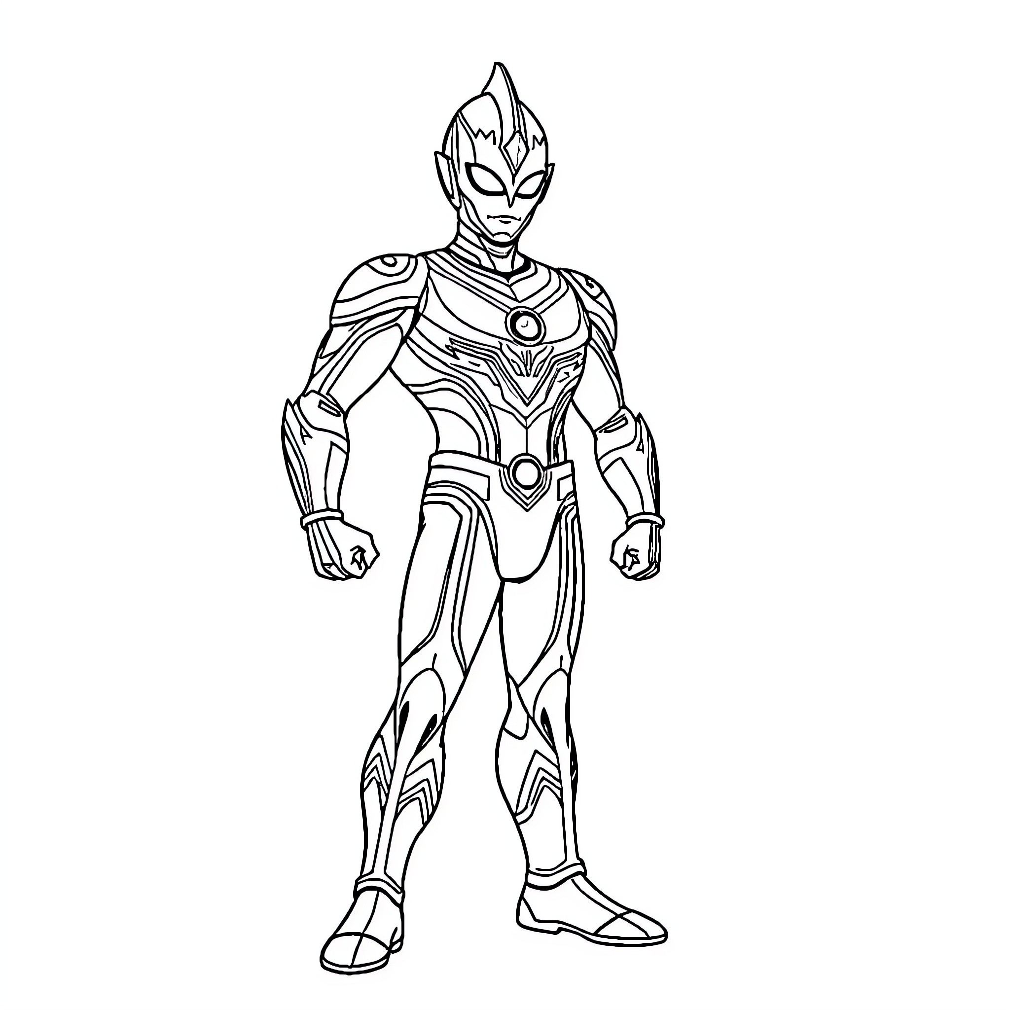 Ultraman hero in dynamic action pose Coloring Page (free black-and-white line drawing printable PDF for all, from beginners to advanced learners, including children, teens, adults, and seniors)