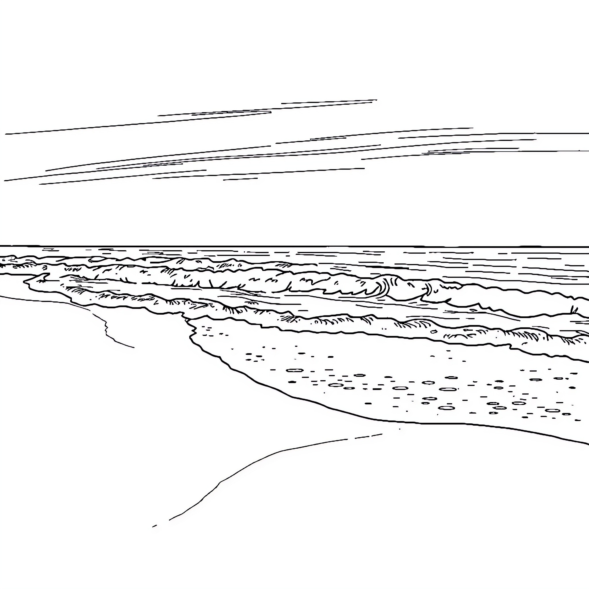 Beach scene with waves and sky Coloring Page (free black-and-white line drawing printable PDF for all, from beginners to advanced learners, including children, teens, adults, and seniors)