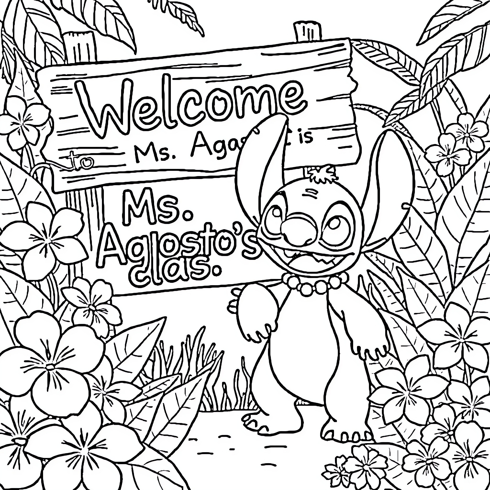 Lilo welcoming her teacher with joy and flowers Coloring Page (free black-and-white line drawing printable PDF for all, from beginners to advanced learners, including children, teens, adults, and seniors)