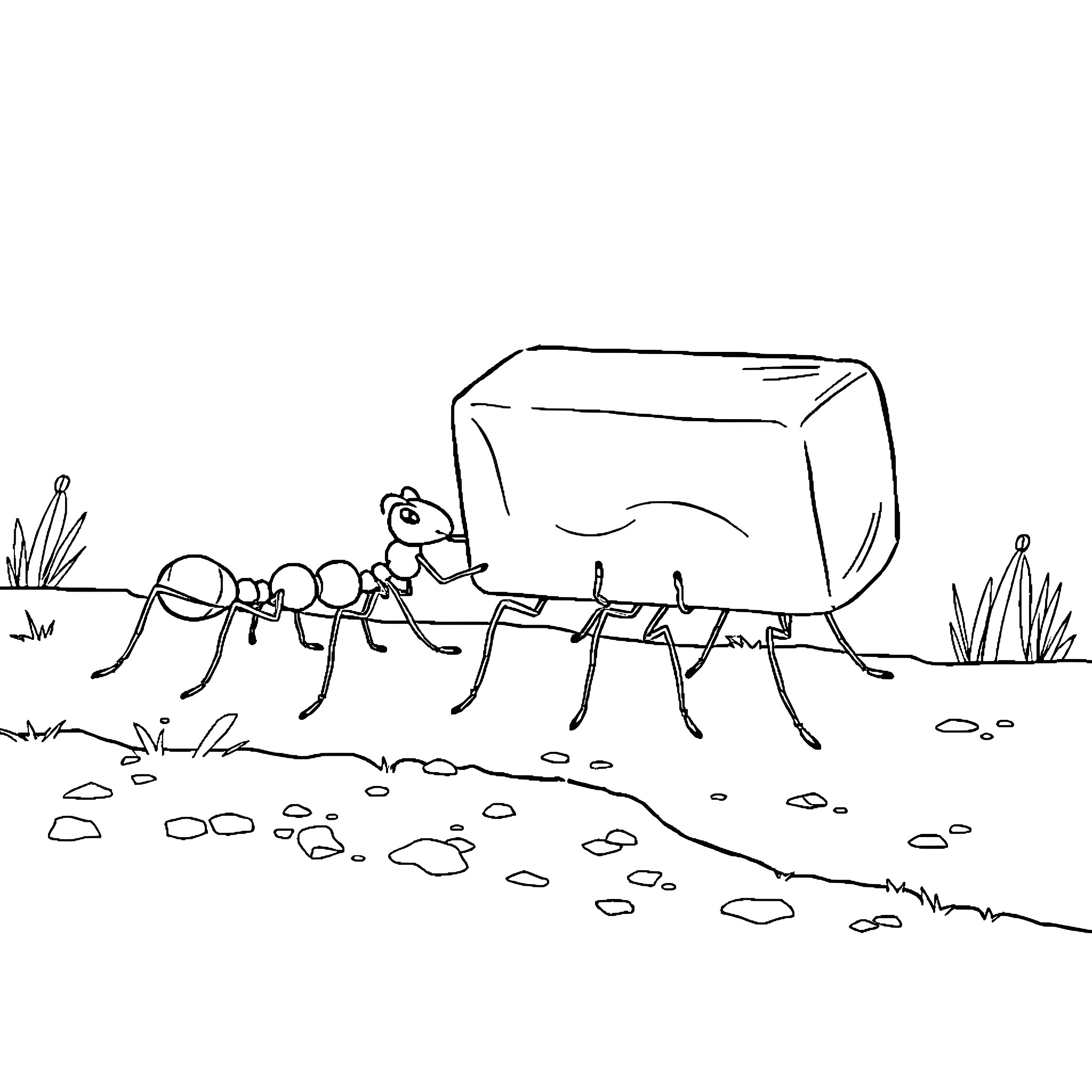 Ant colony carrying a large object together Coloring Page (free black-and-white line drawing printable PDF for all, from beginners to advanced learners, including children, teens, adults, and seniors)