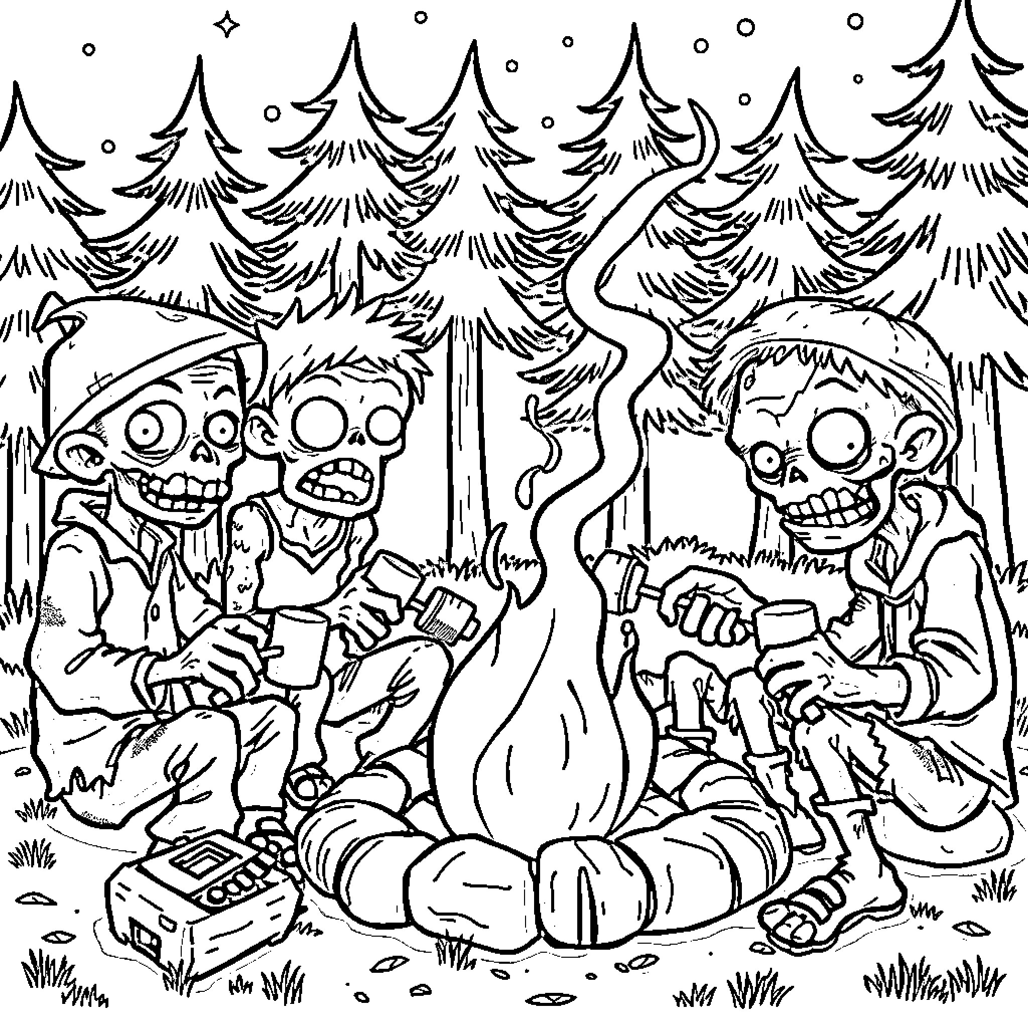 Zombie Hikers Gathered Around Campfire in Snowy Forest Coloring Page (free black-and-white line drawing printable PDF for all, from beginners to advanced learners, including children, teens, adults, and seniors)