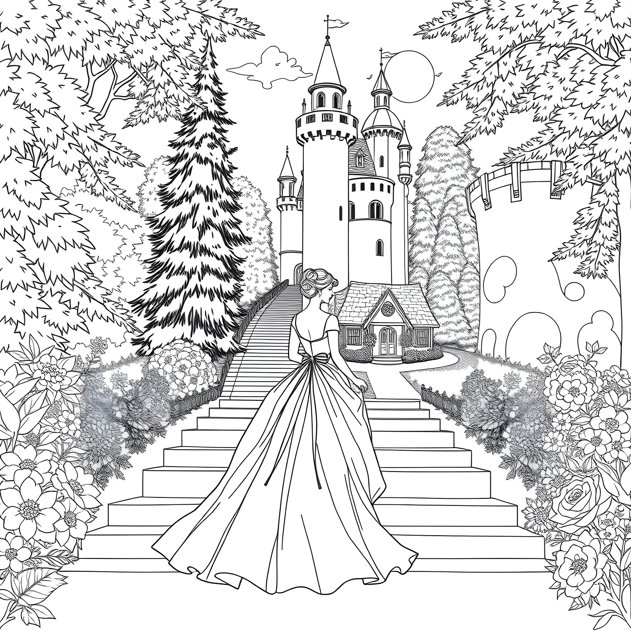 Princess in the Enchanted Castle Garden Coloring Page (free black-and-white line drawing printable PDF for all, from beginners to advanced learners, including children, teens, adults, and seniors)