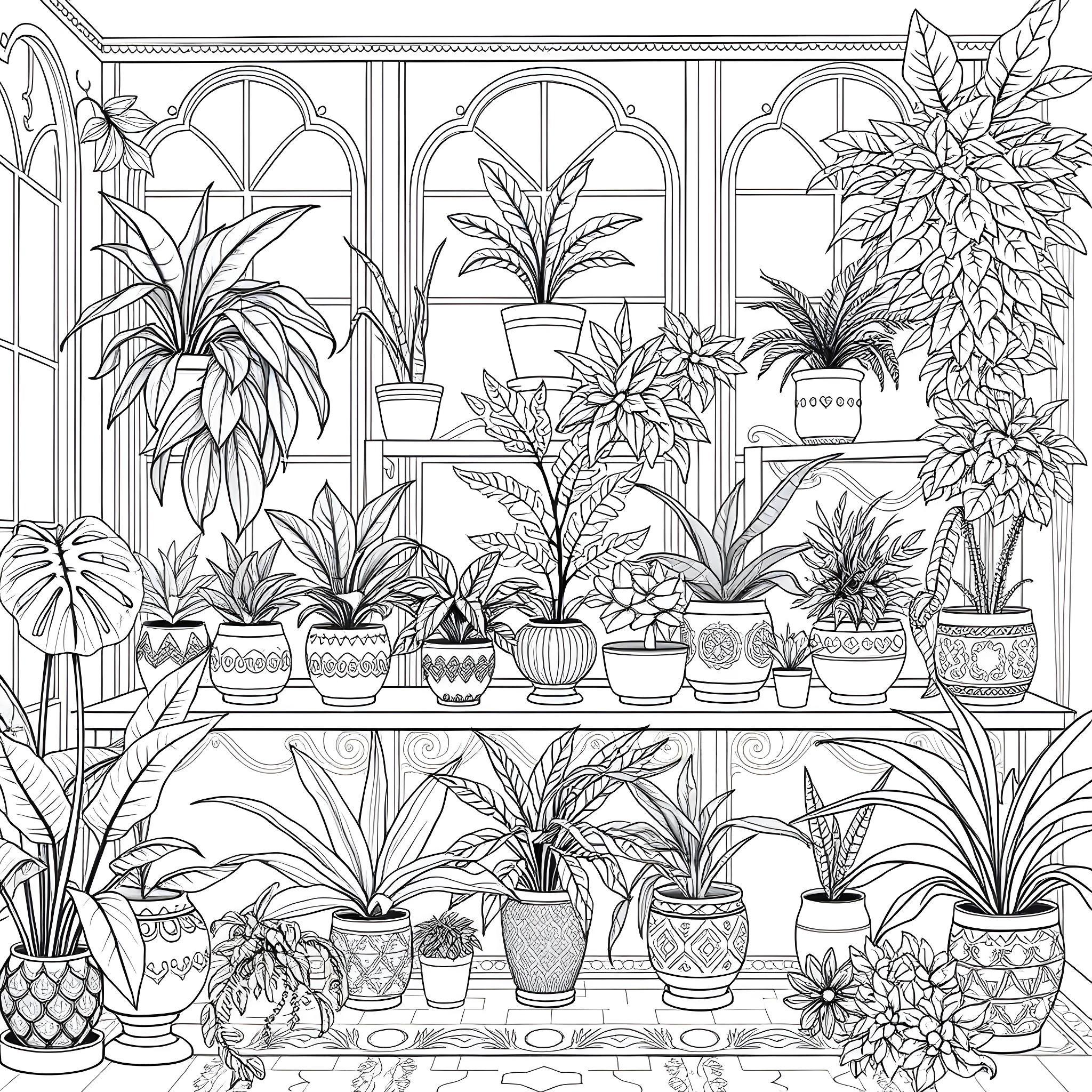 Houseplant Oasis: Abundance of Potted Vegetation Coloring Page (free black-and-white line drawing printable PDF for all, from beginners to advanced learners, including children, teens, adults, and seniors)