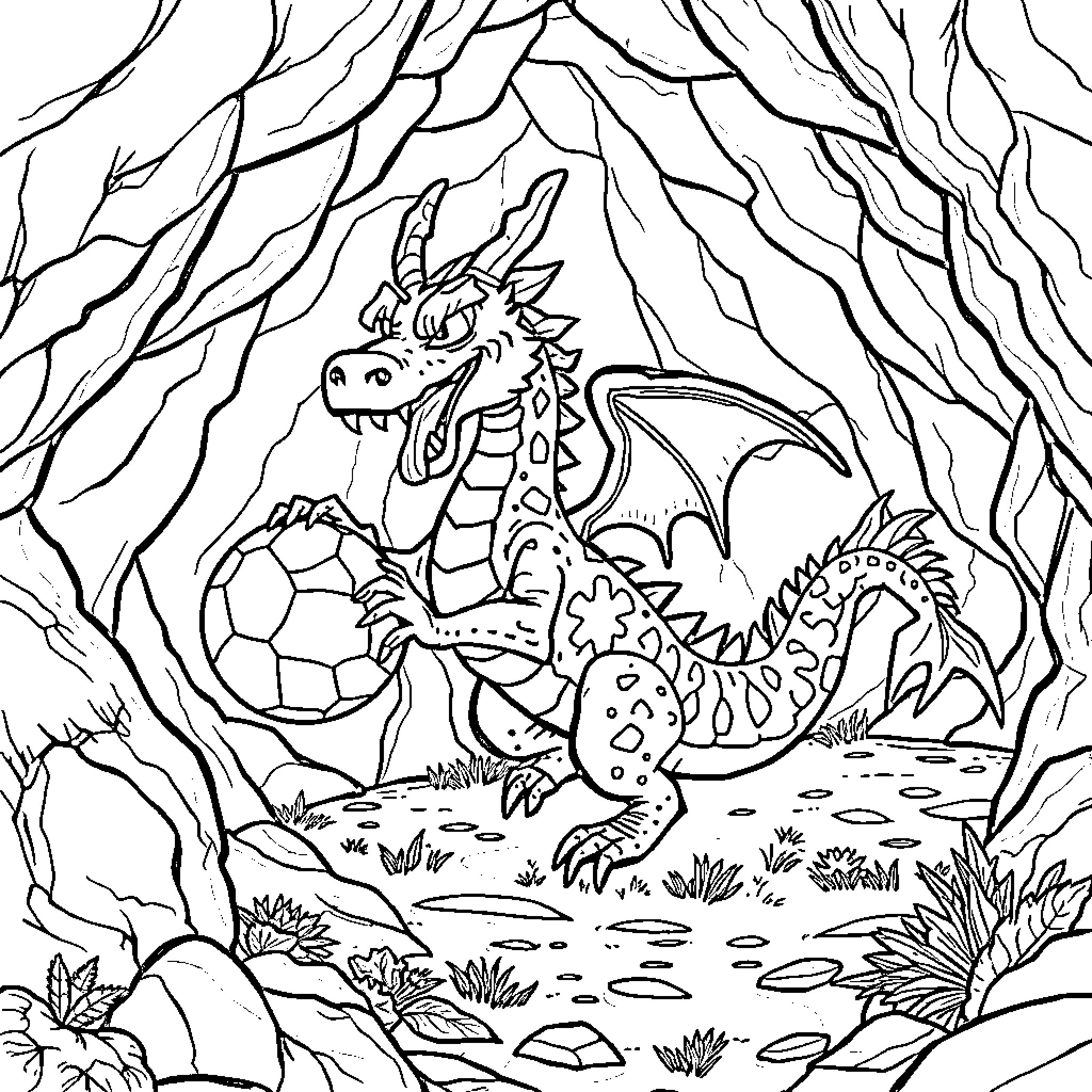 Dragon guarding its treasures in the enchanted forest Coloring Page (free black-and-white line drawing printable PDF for all, from beginners to advanced learners, including children, teens, adults, and seniors)