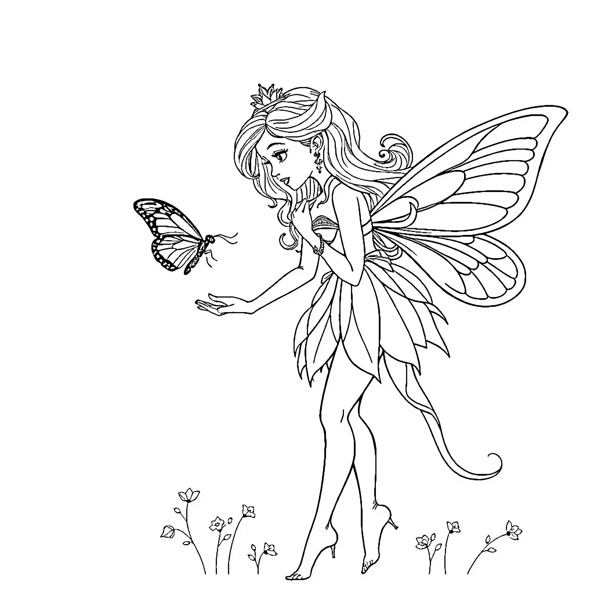 Princess Fairy Interacting with Butterfly Coloring Page (free black-and-white line drawing printable PDF for all, from beginners to advanced learners, including children, teens, adults, and seniors)