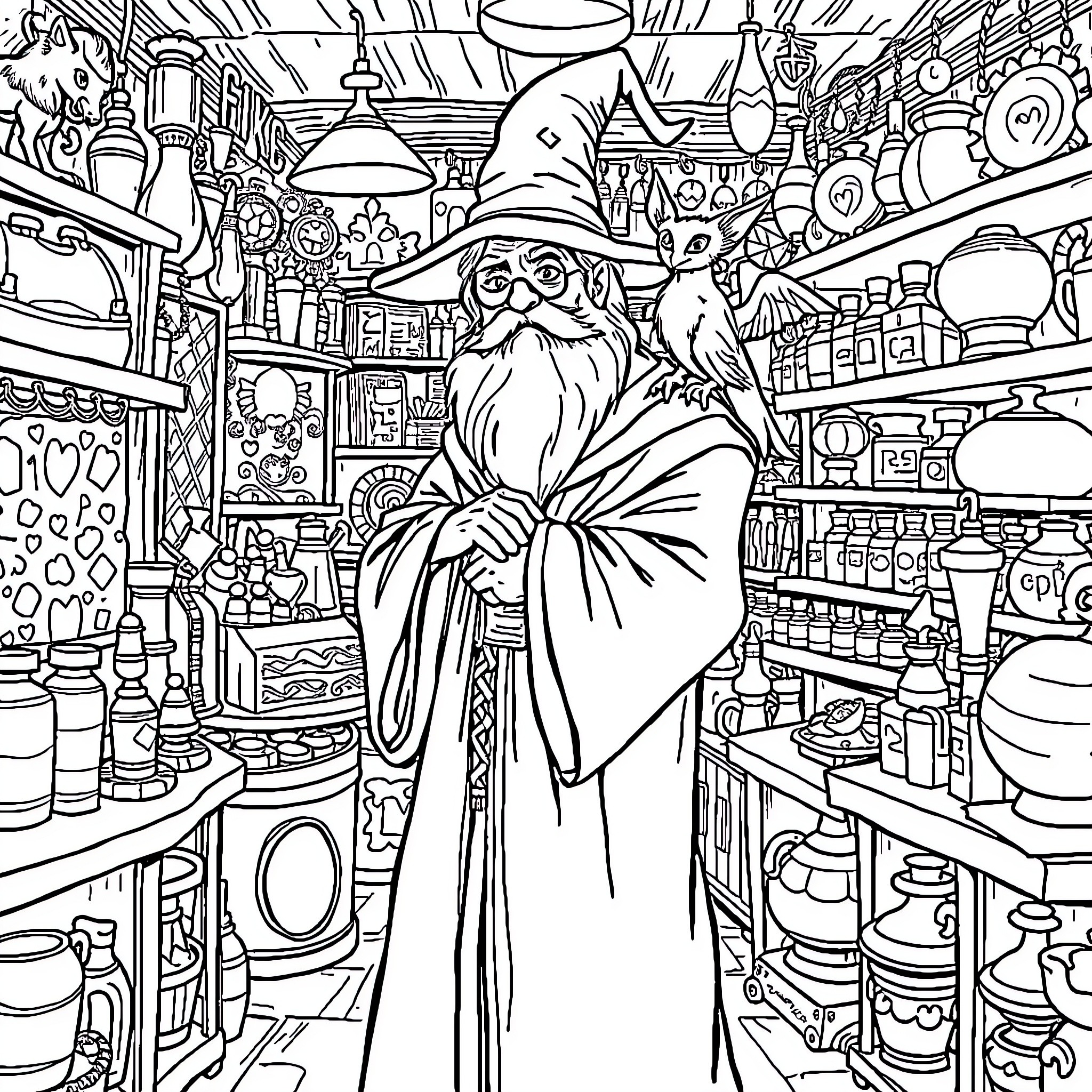 Wizard in a magical item-filled shop Coloring Page (free black-and-white line drawing printable PDF for all, from beginners to advanced learners, including children, teens, adults, and seniors)