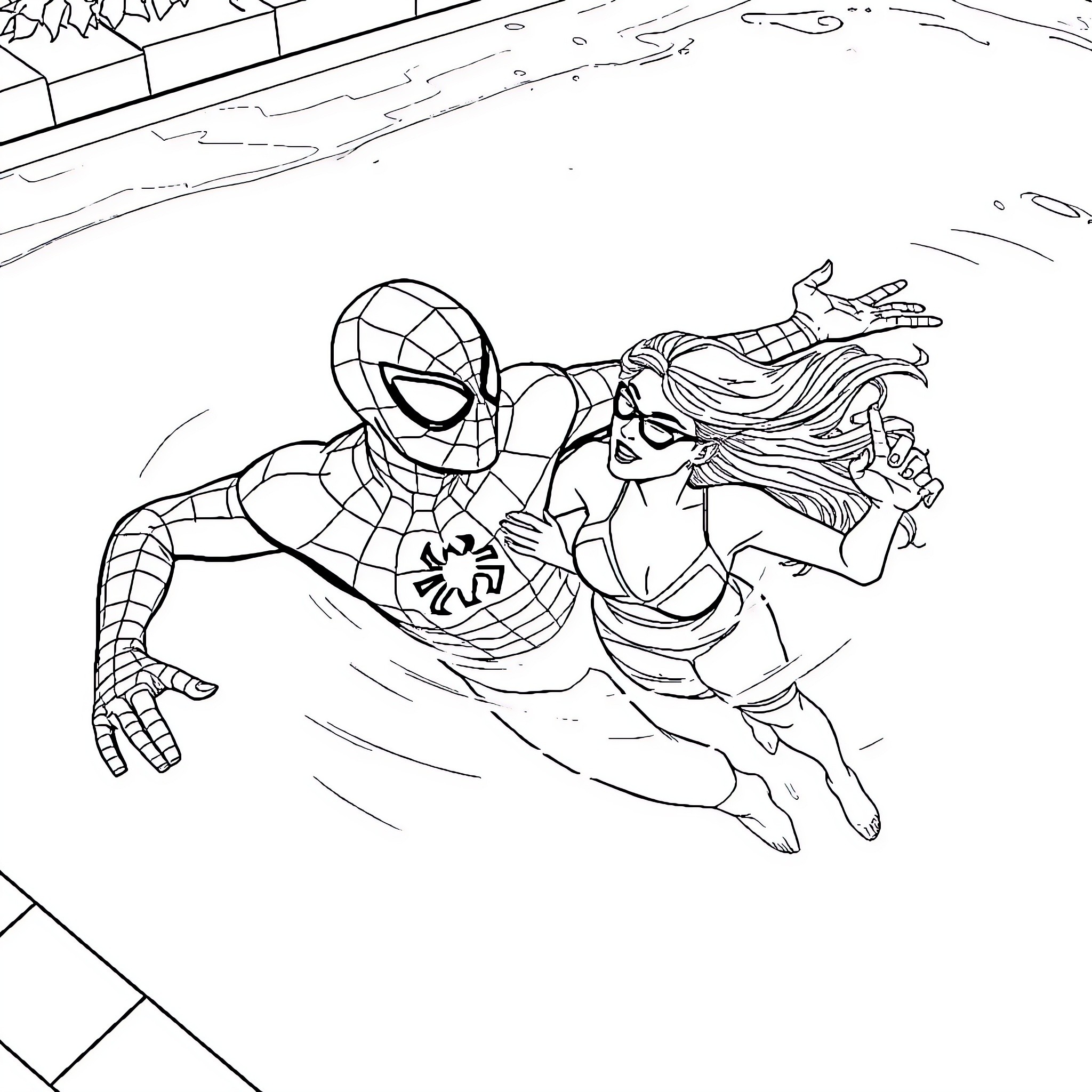 Spider-Man swinging with a woman in his arms Coloring Page (free black-and-white line drawing printable PDF for all, from beginners to advanced learners, including children, teens, adults, and seniors)