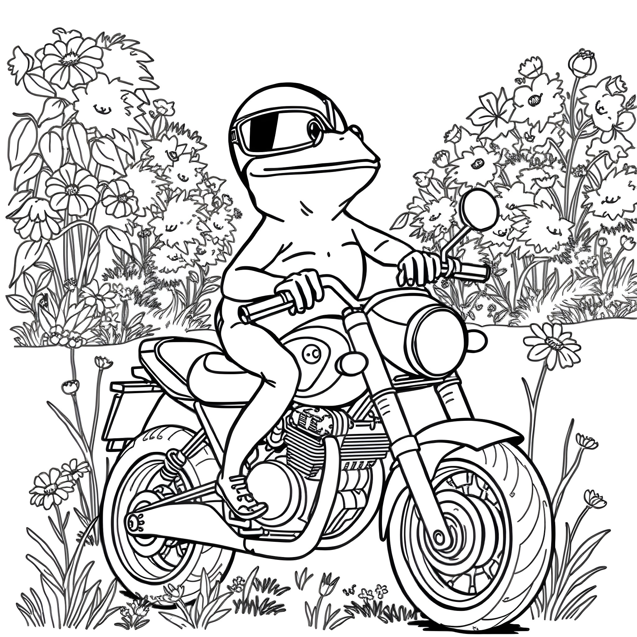 Frog riding a motorcycle in a flower garden Coloring Page (free black-and-white line drawing printable PDF for all, from beginners to advanced learners, including children, teens, adults, and seniors)