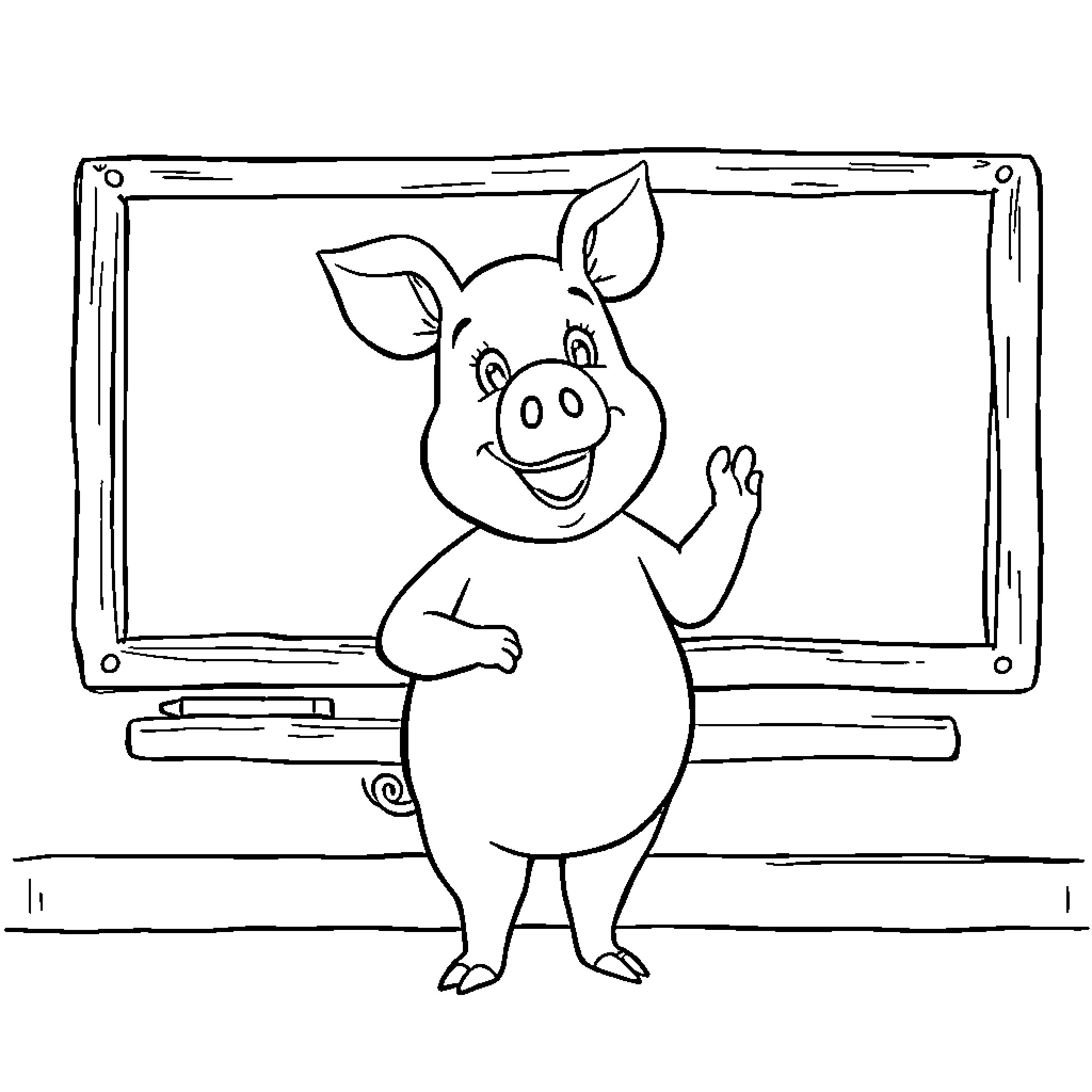 George Pig waving in front of a blackboard Coloring Page (free black-and-white line drawing printable PDF for all, from beginners to advanced learners, including children, teens, adults, and seniors)