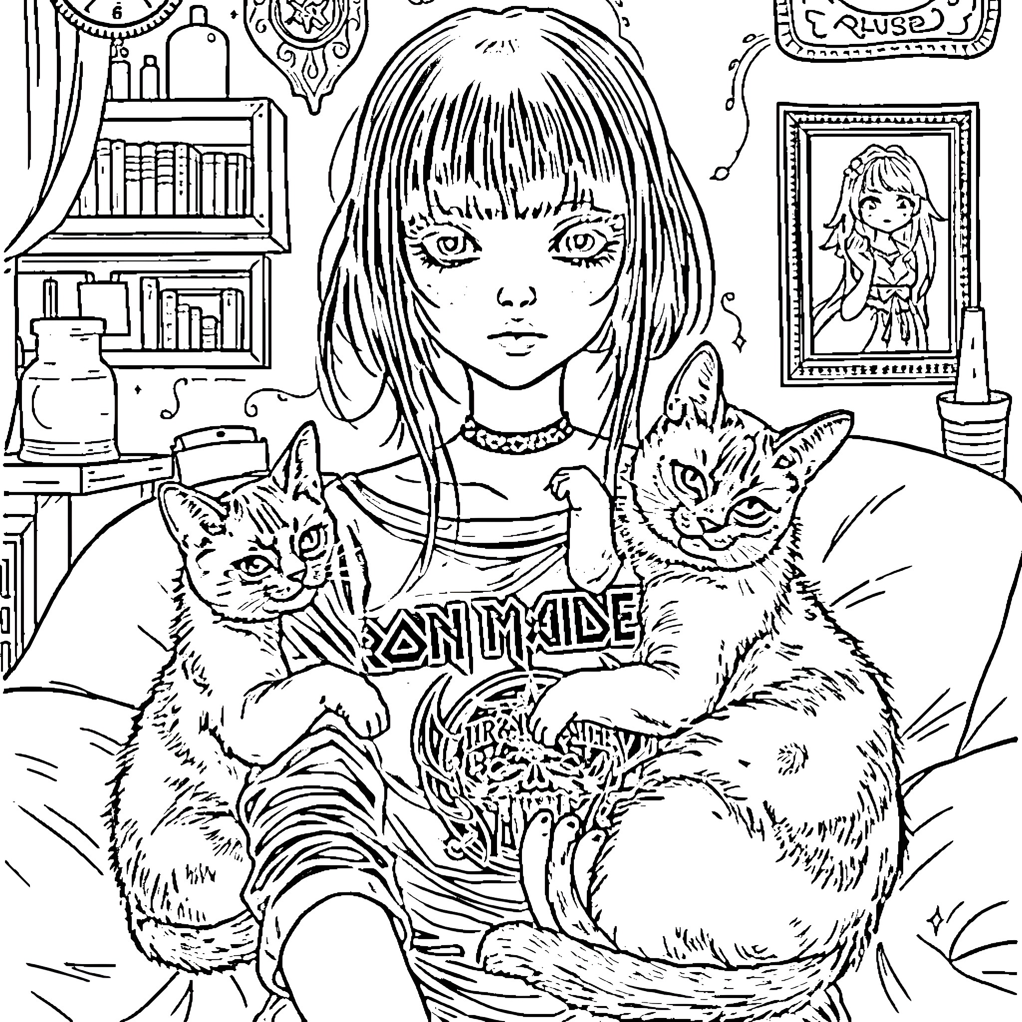 Girl with cats in a cozy room Coloring Page (free black-and-white line drawing printable PDF for all, from beginners to advanced learners, including children, teens, adults, and seniors)