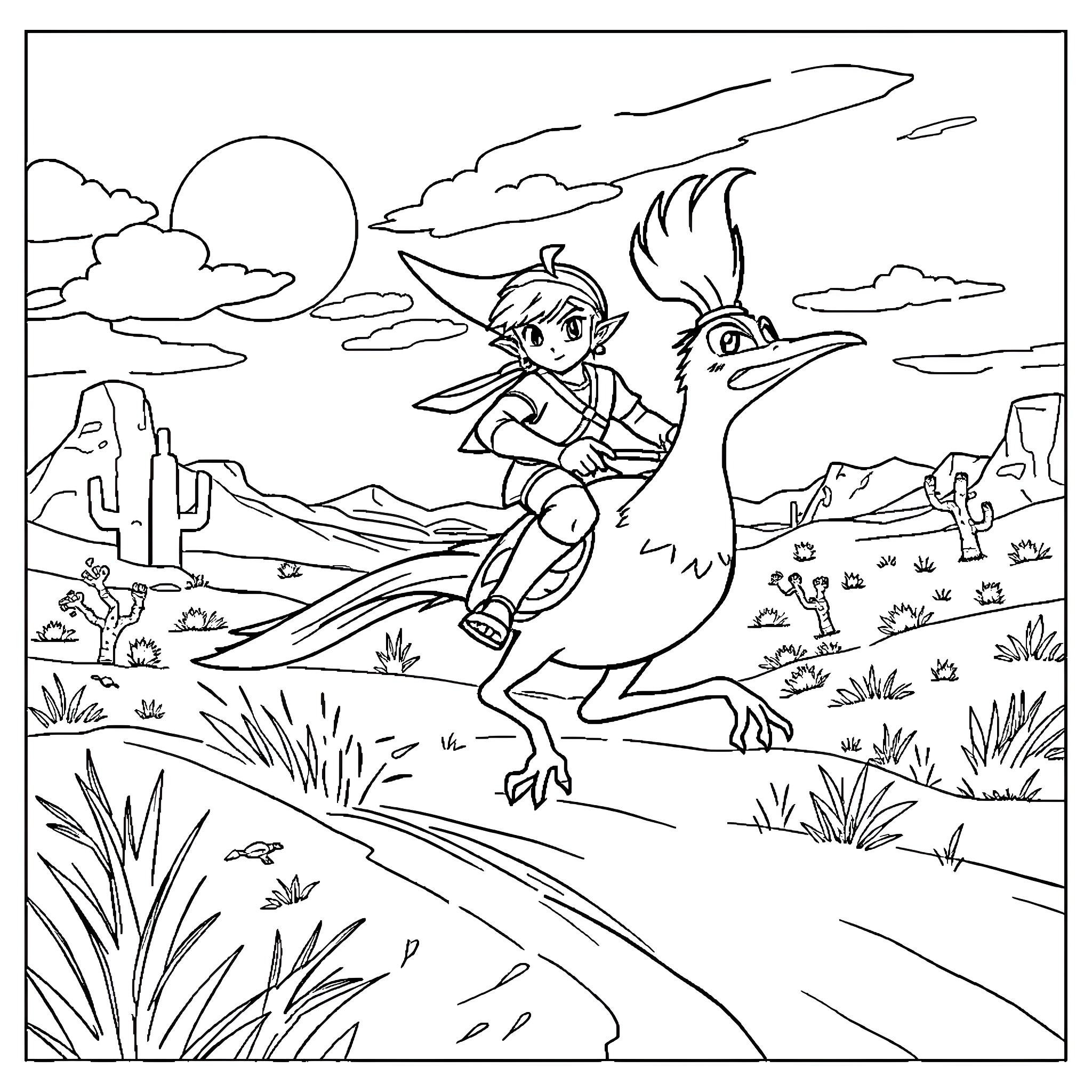 Link riding a magical bird through a desert landscape Coloring Page (free black-and-white line drawing printable PDF for all, from beginners to advanced learners, including children, teens, adults, and seniors)