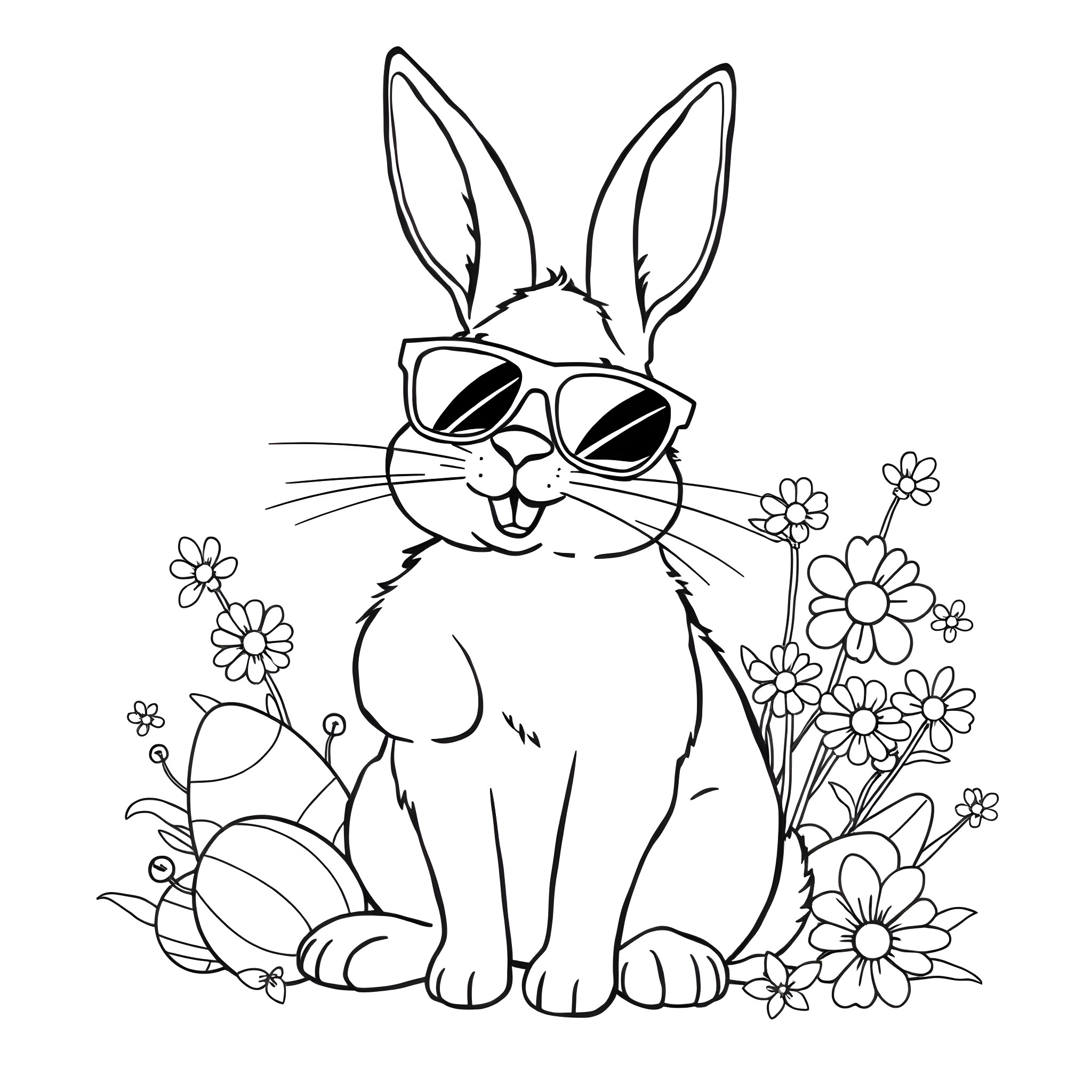 Rabbit wearing sunglasses surrounded by flowers Coloring Page (free black-and-white line drawing printable PDF for all, from beginners to advanced learners, including children, teens, adults, and seniors)