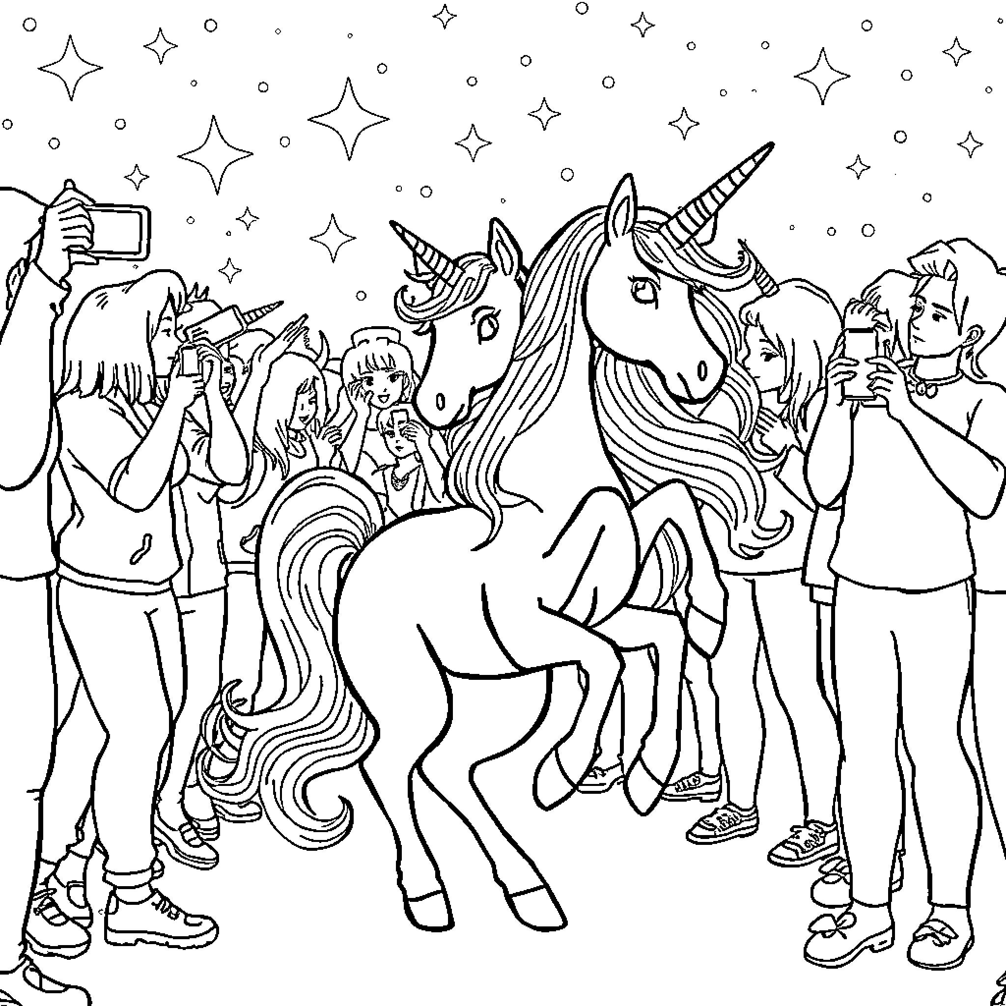 Unicorn fantasy gathering with people taking photos Coloring Page (free black-and-white line drawing printable PDF for all, from beginners to advanced learners, including children, teens, adults, and seniors)