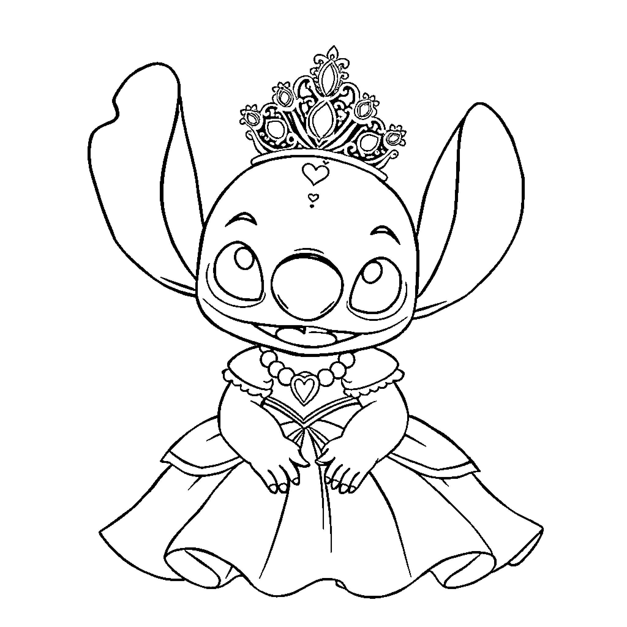 Stitch wearing a princess crown and dress Coloring Page (free black-and-white line drawing printable PDF for all, from beginners to advanced learners, including children, teens, adults, and seniors)