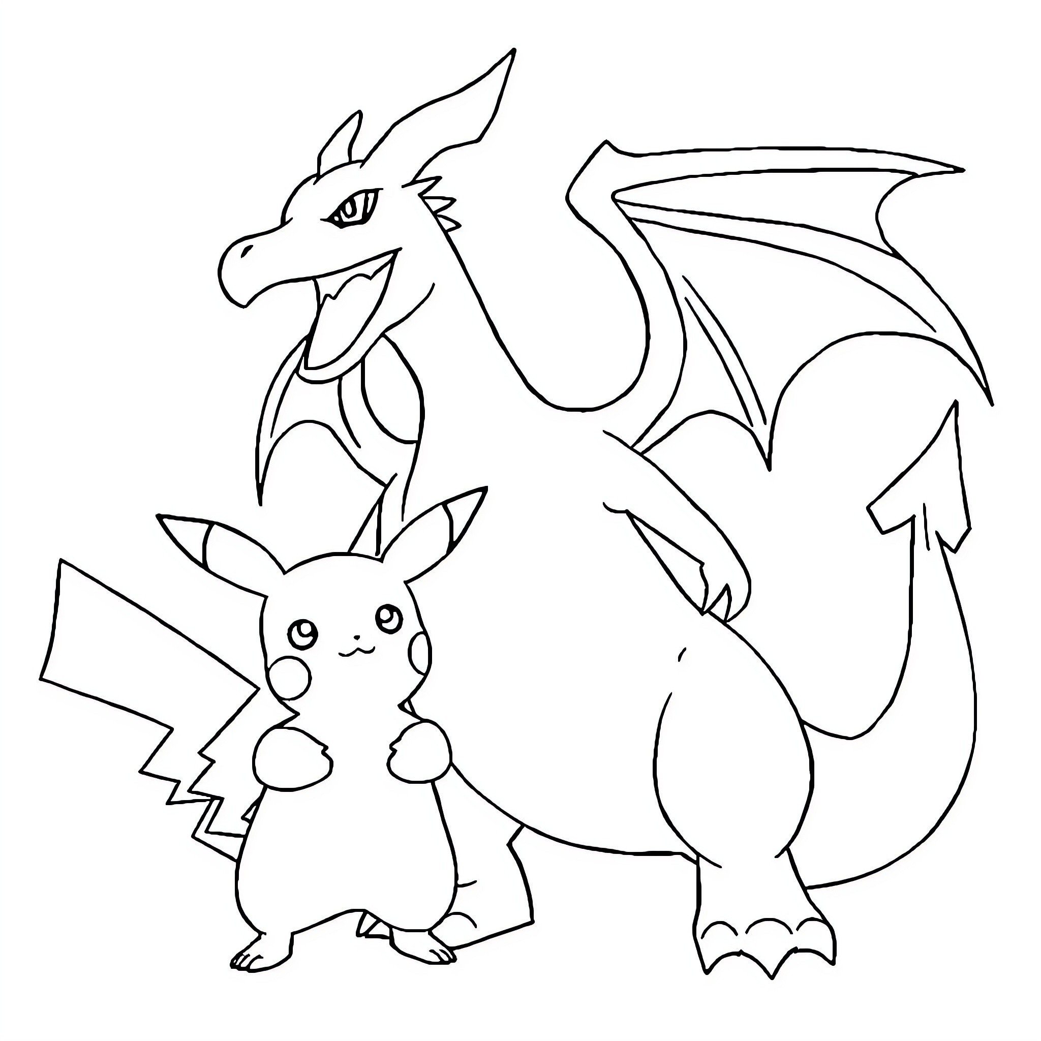 Pikachu and Charizard playing together Coloring Page (free black-and-white line drawing printable PDF for all, from beginners to advanced learners, including children, teens, adults, and seniors)