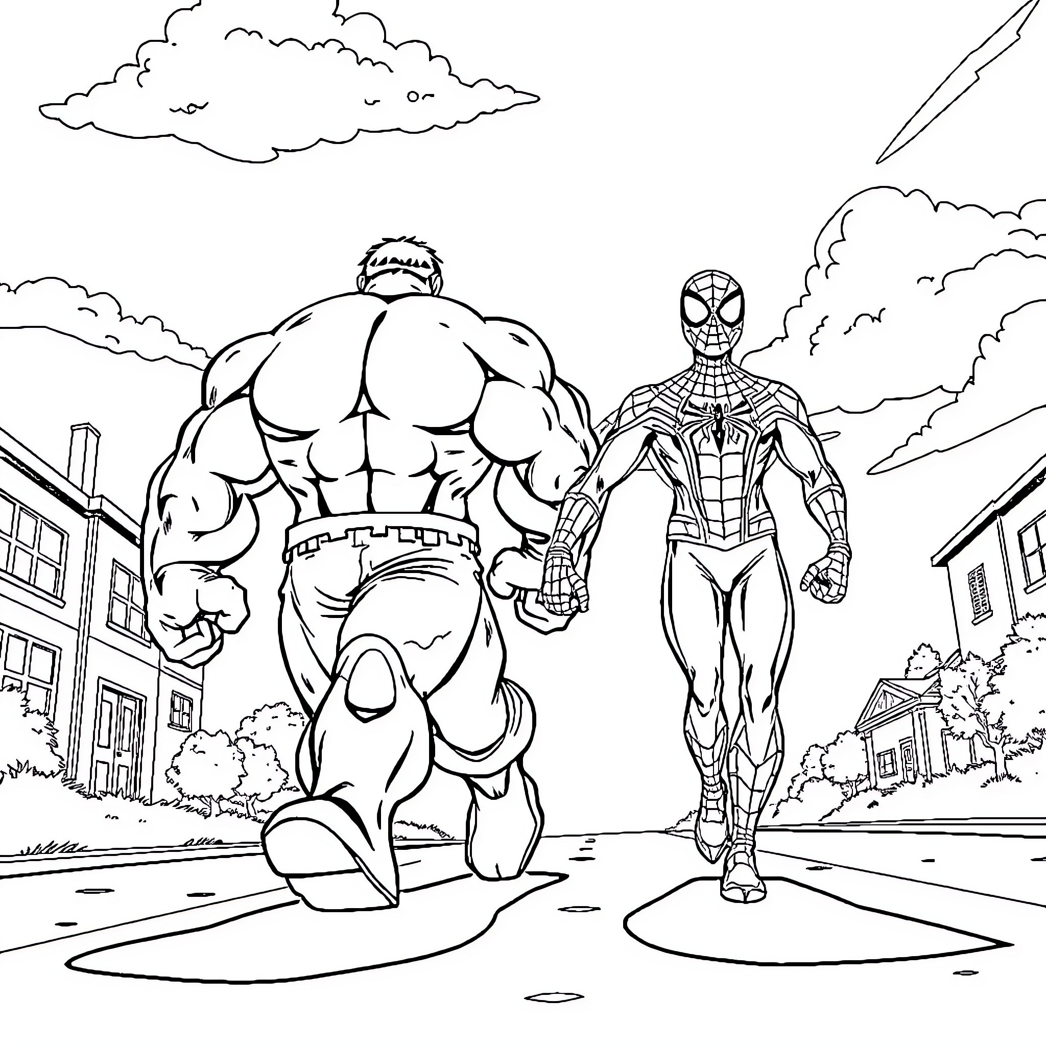 Hulk and Spider-Man team up in the city Coloring Page (free black-and-white line drawing printable PDF for all, from beginners to advanced learners, including children, teens, adults, and seniors)