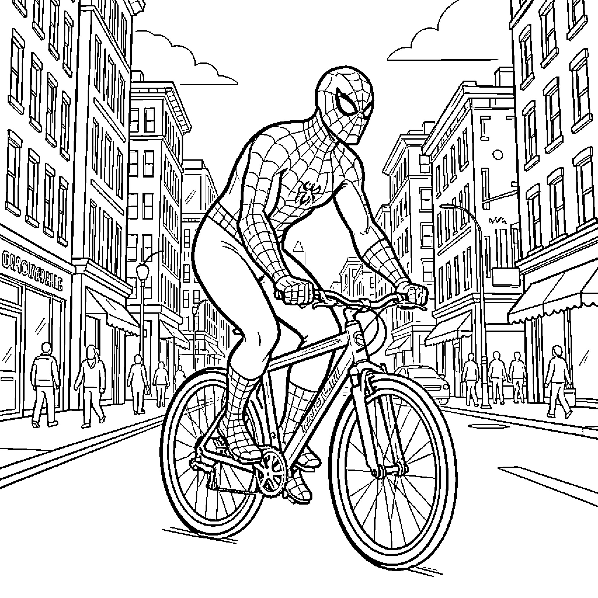 Spiderman riding a bicycle through a busy city street Coloring Page (free black-and-white line drawing printable PDF for all, from beginners to advanced learners, including children, teens, adults, and seniors)