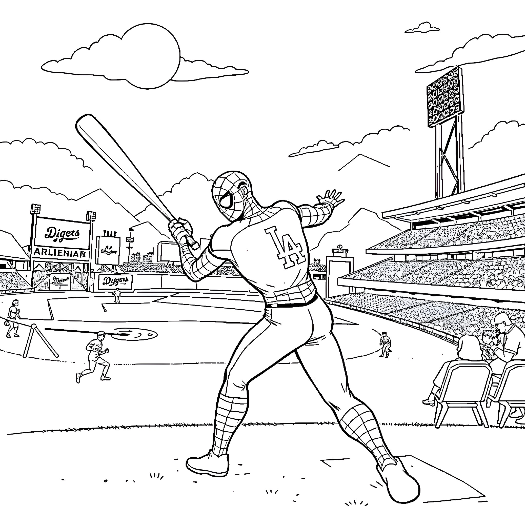 Spider-Man batting at a baseball stadium Coloring Page (free black-and-white line drawing printable PDF for all, from beginners to advanced learners, including children, teens, adults, and seniors)