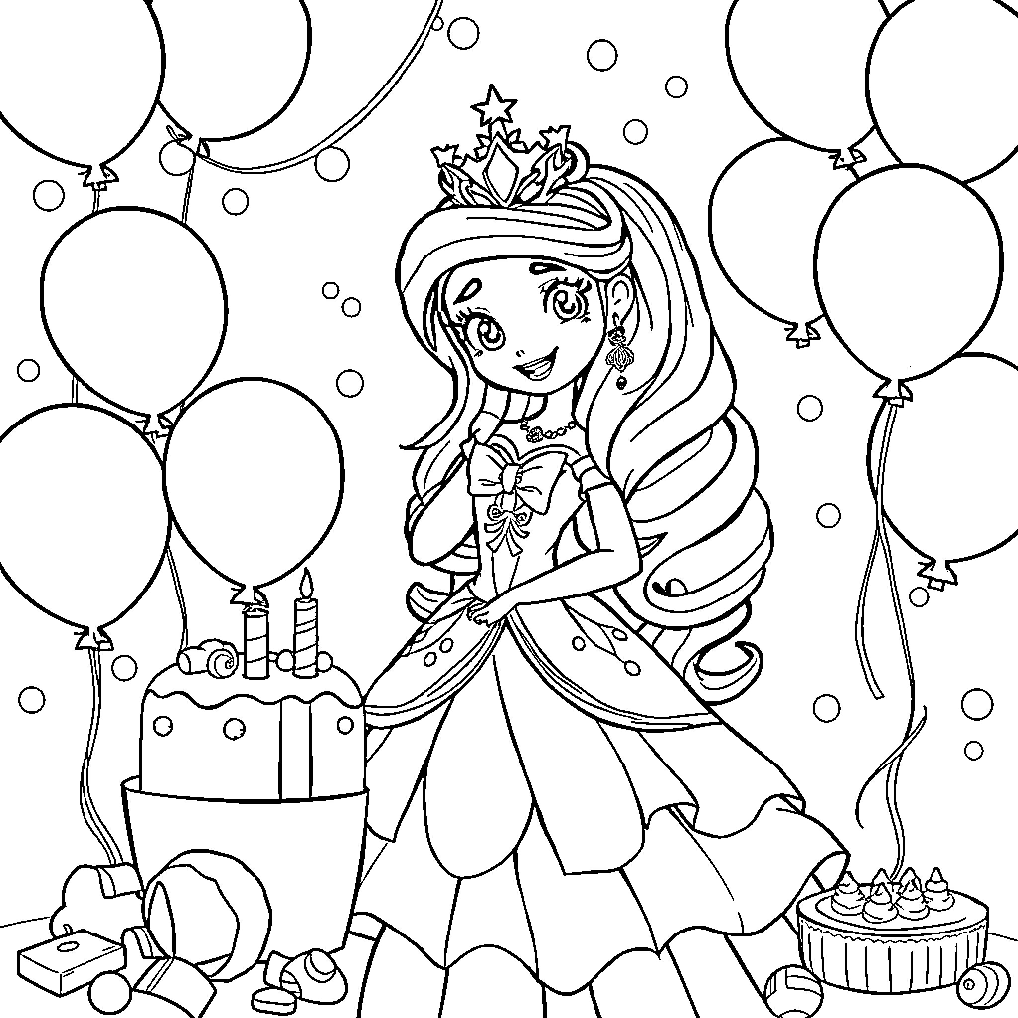 Princess Celebrating Her Birthday with Balloons Coloring Page (free black-and-white line drawing printable PDF for all, from beginners to advanced learners, including children, teens, adults, and seniors)
