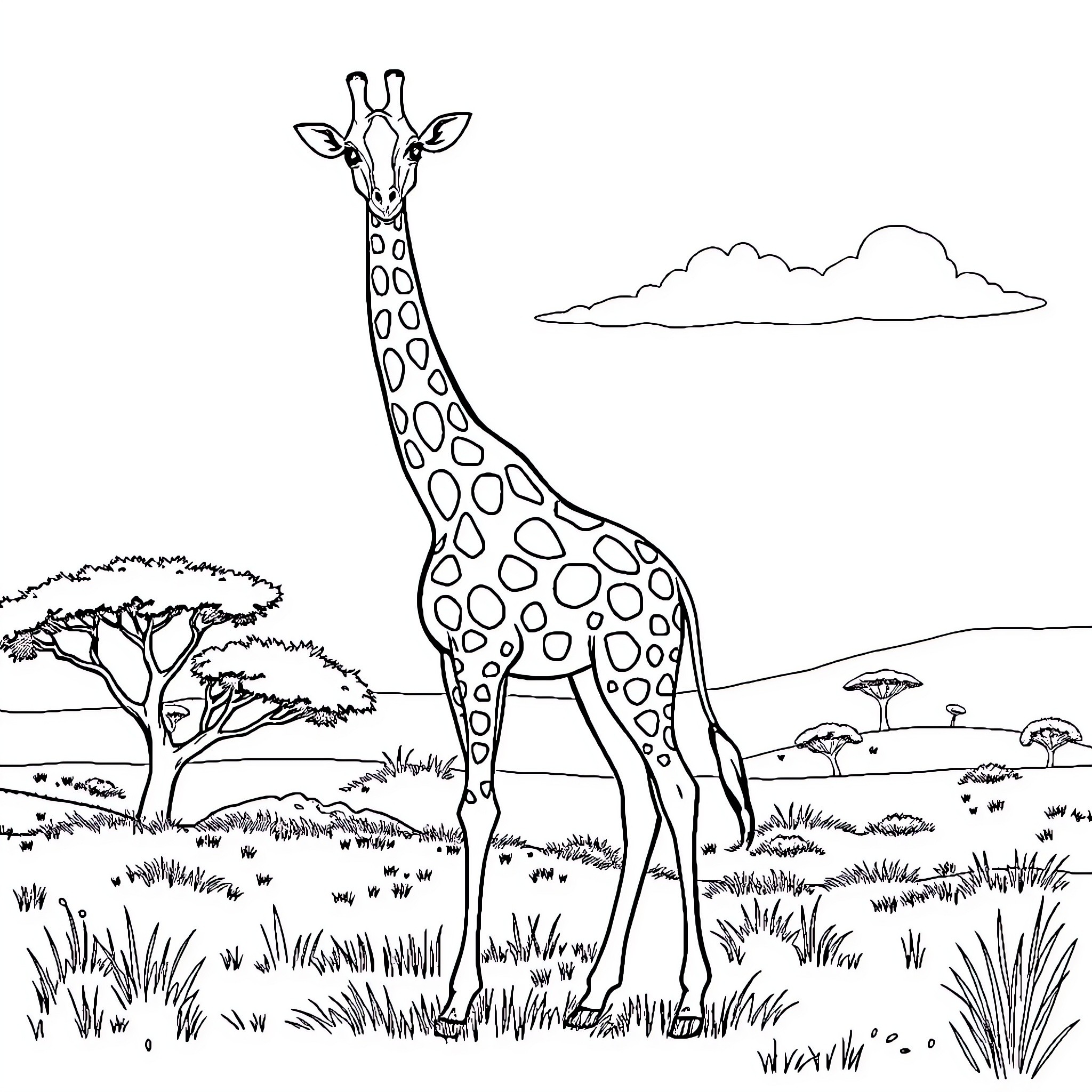 Giraffe standing tall in the African savanna Coloring Page (free black-and-white line drawing printable PDF for all, from beginners to advanced learners, including children, teens, adults, and seniors)