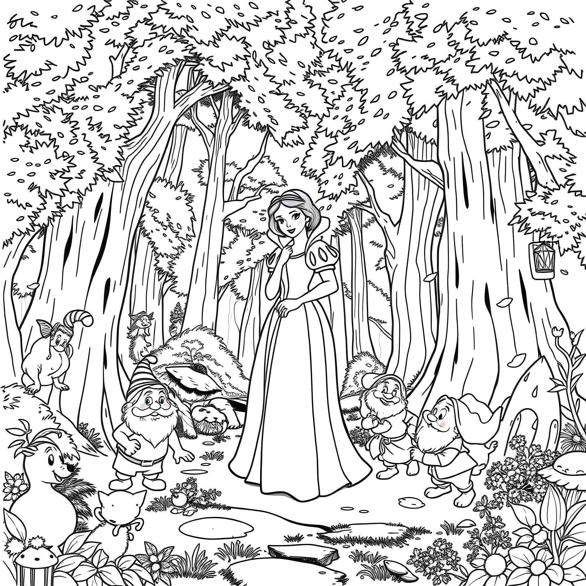 Snow White in the enchanted forest with woodland creatures Coloring Page (free black-and-white line drawing printable PDF for all, from beginners to advanced learners, including children, teens, adults, and seniors)