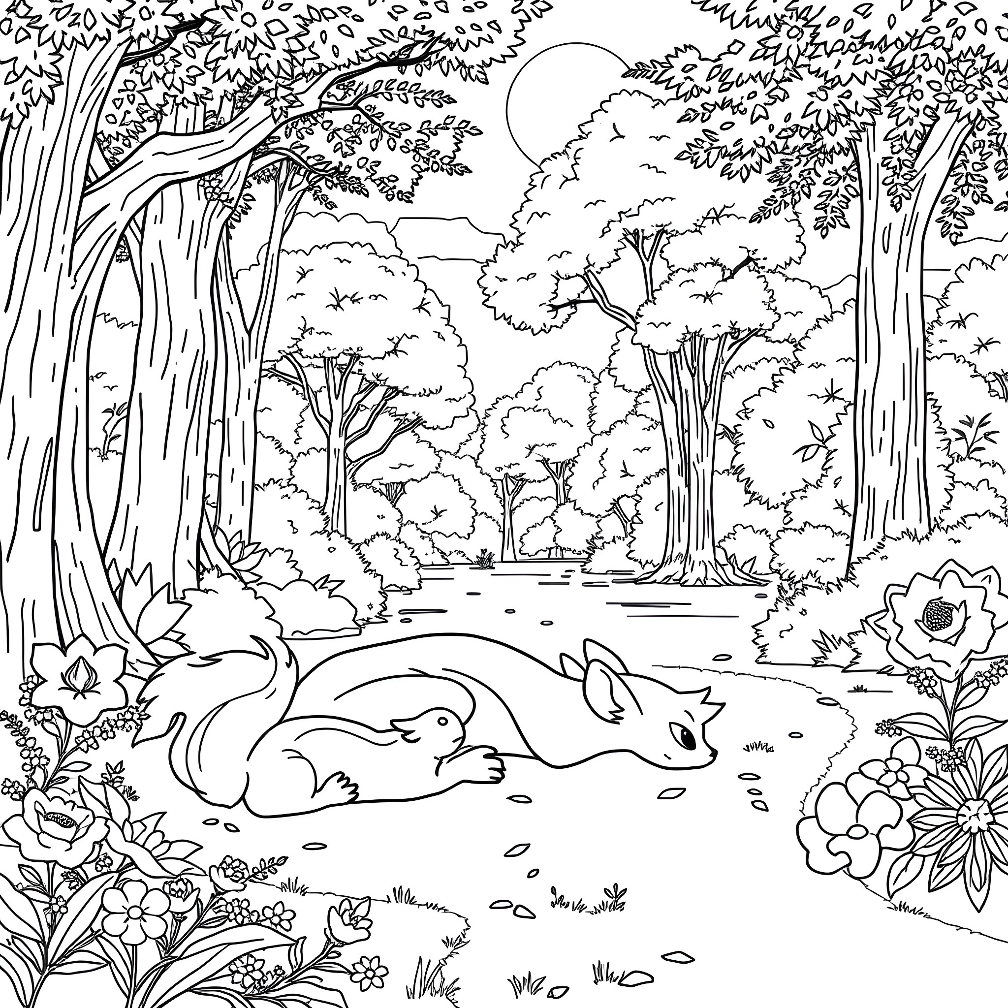 Dorumon in a Peaceful Forest Landscape Coloring Page (free black-and-white line drawing printable PDF for all, from beginners to advanced learners, including children, teens, adults, and seniors)