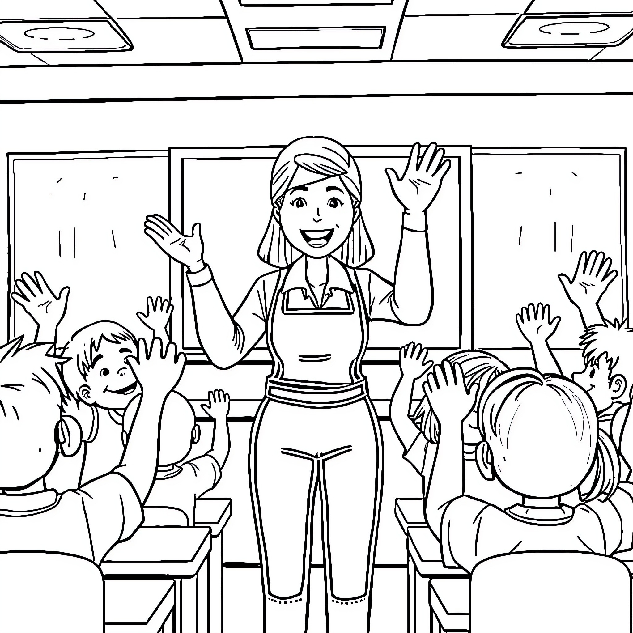 Teacher interacting enthusiastically with students in classroom Coloring Page (free black-and-white line drawing printable PDF for all, from beginners to advanced learners, including children, teens, adults, and seniors)