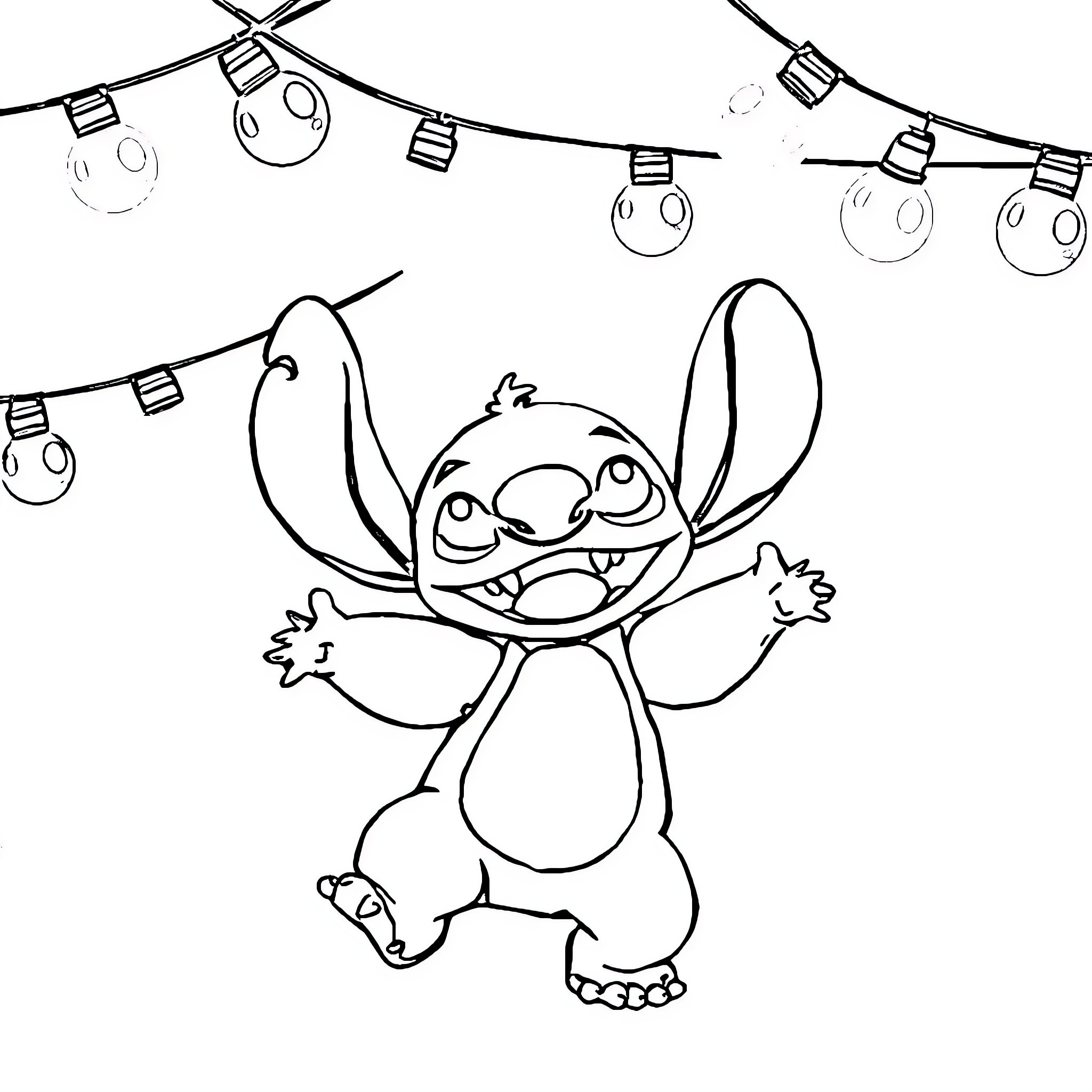 Stitch playing cheerfully under the lights Coloring Page (free black-and-white line drawing printable PDF for all, from beginners to advanced learners, including children, teens, adults, and seniors)