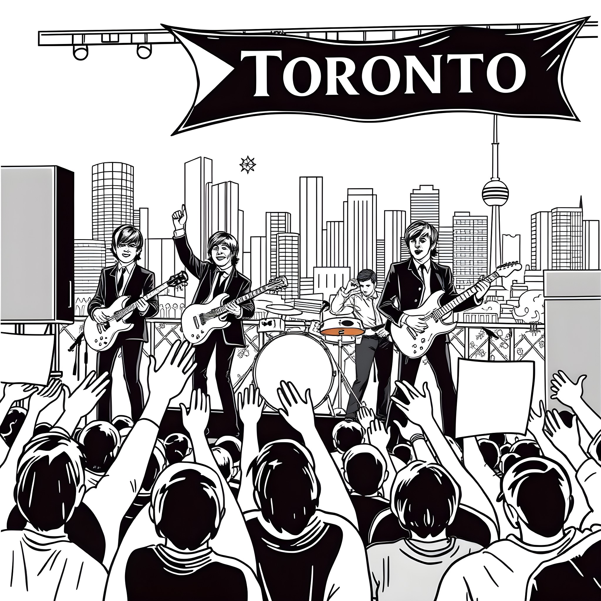 Beatles performing on stage in Toronto Coloring Page (free black-and-white line drawing printable PDF for all, from beginners to advanced learners, including children, teens, adults, and seniors)