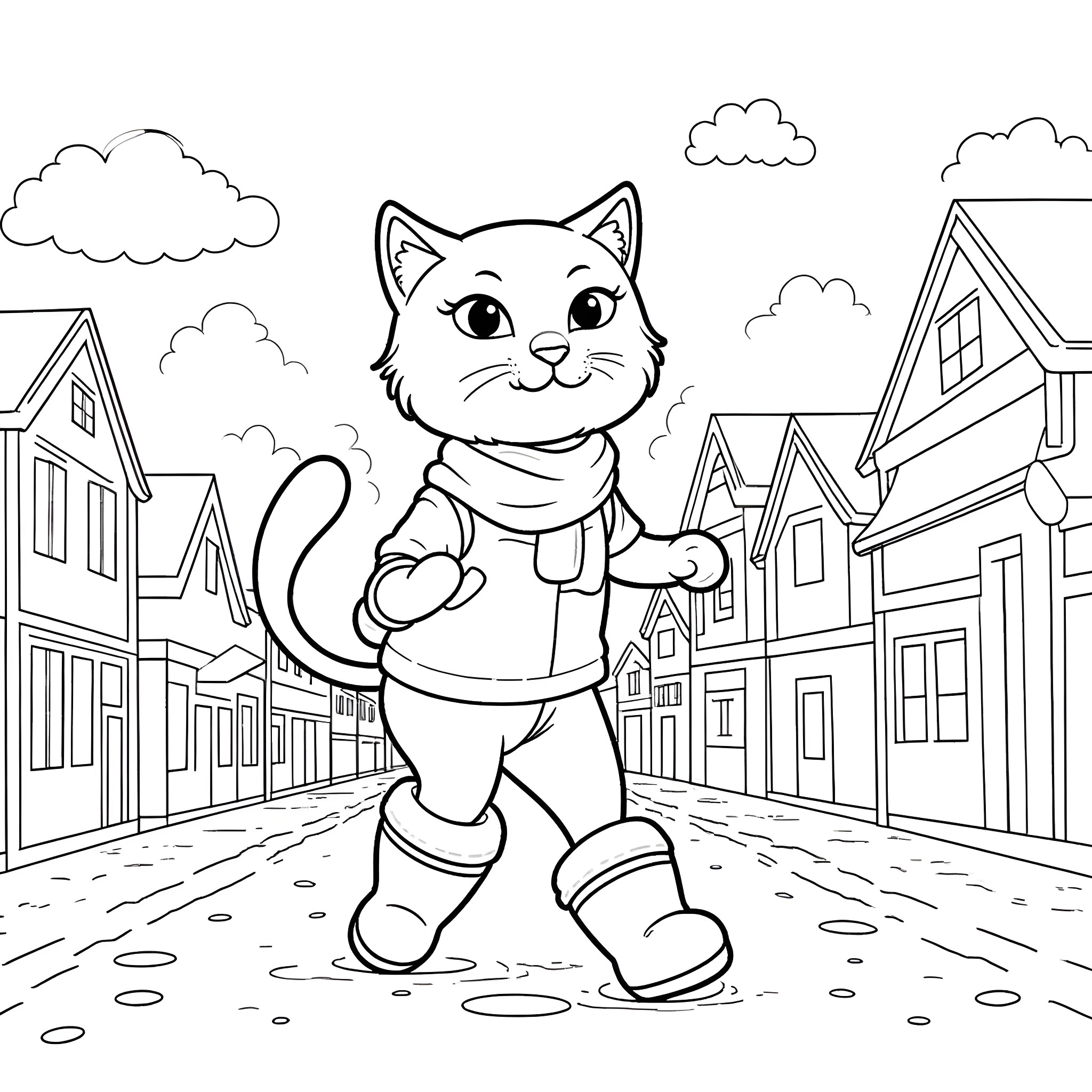 Cat taking a stroll through the town Coloring Page (free black-and-white line drawing printable PDF for all, from beginners to advanced learners, including children, teens, adults, and seniors)