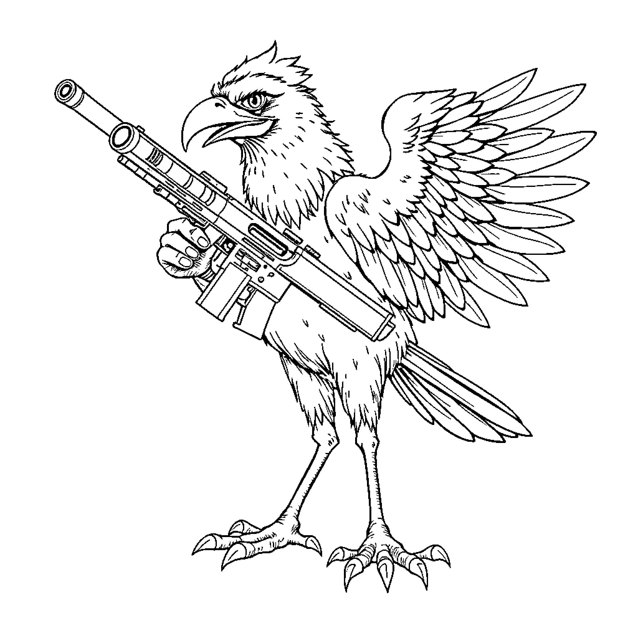 Bird holding a rifle in combat stance Coloring Page (free black-and-white line drawing printable PDF for all, from beginners to advanced learners, including children, teens, adults, and seniors)