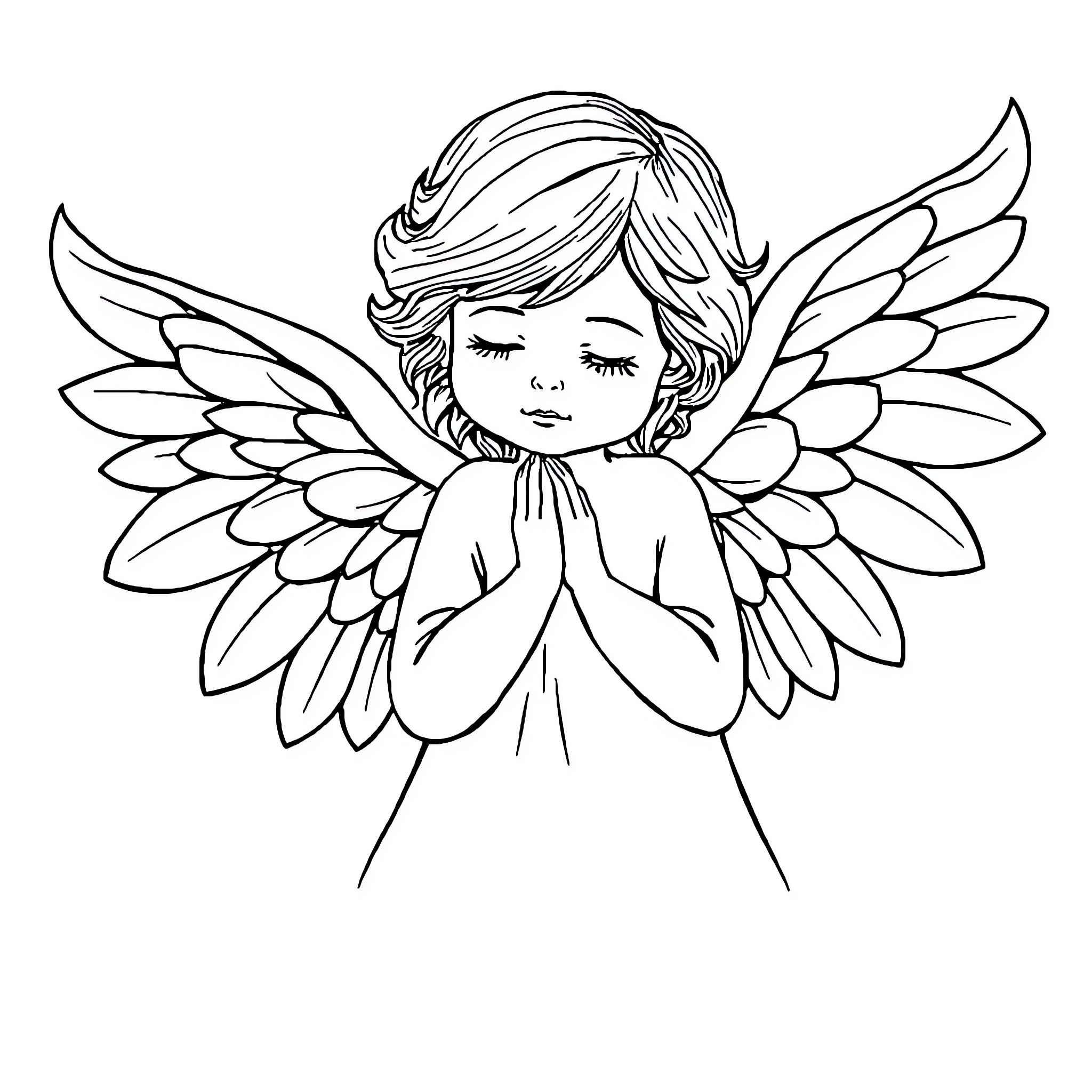 Angel praying with folded hands and wings Coloring Page (free black-and-white line drawing printable PDF for all, from beginners to advanced learners, including children, teens, adults, and seniors)