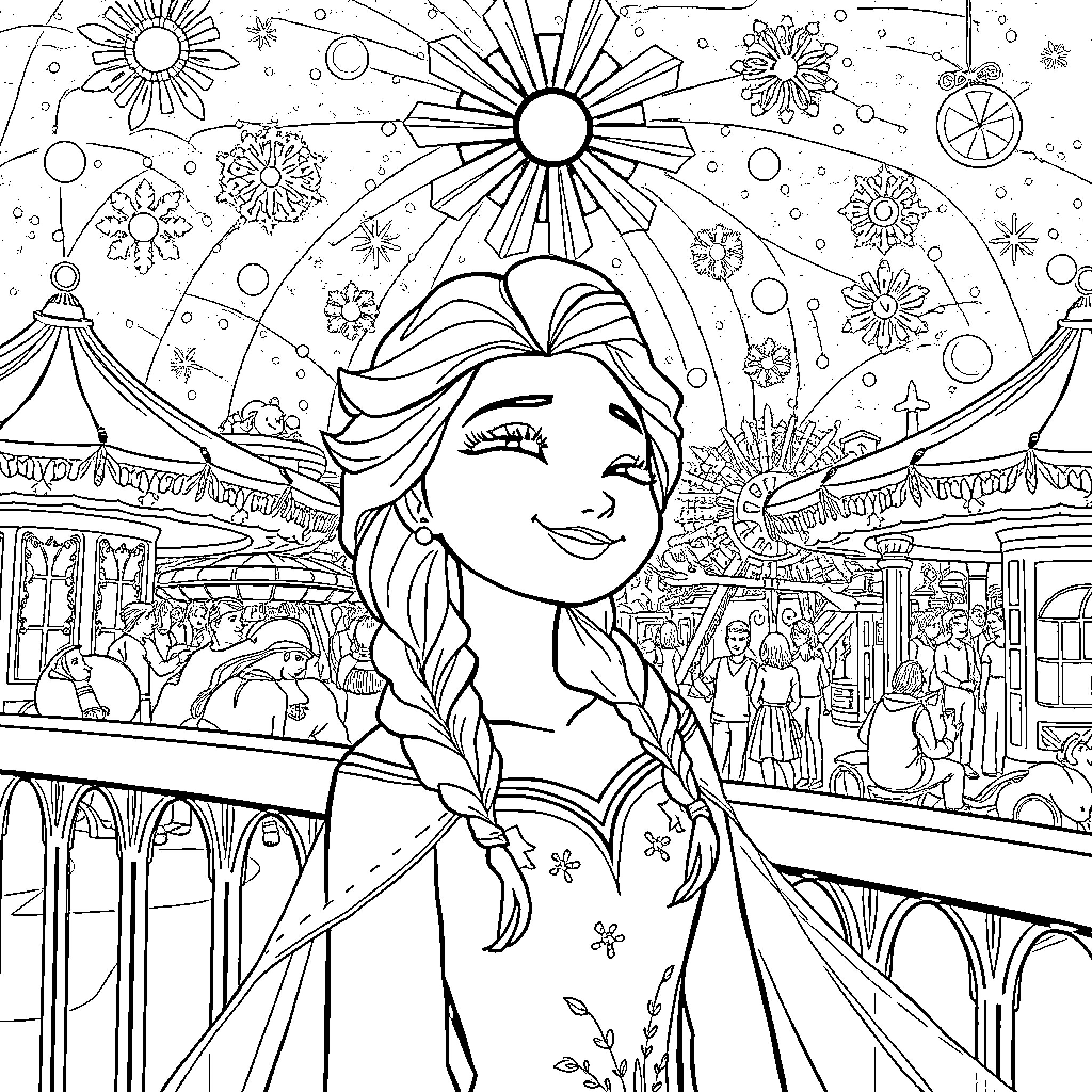 Elsa's Magical Winter Wonderland Coloring Page (free black-and-white line drawing printable PDF for all, from beginners to advanced learners, including children, teens, adults, and seniors)