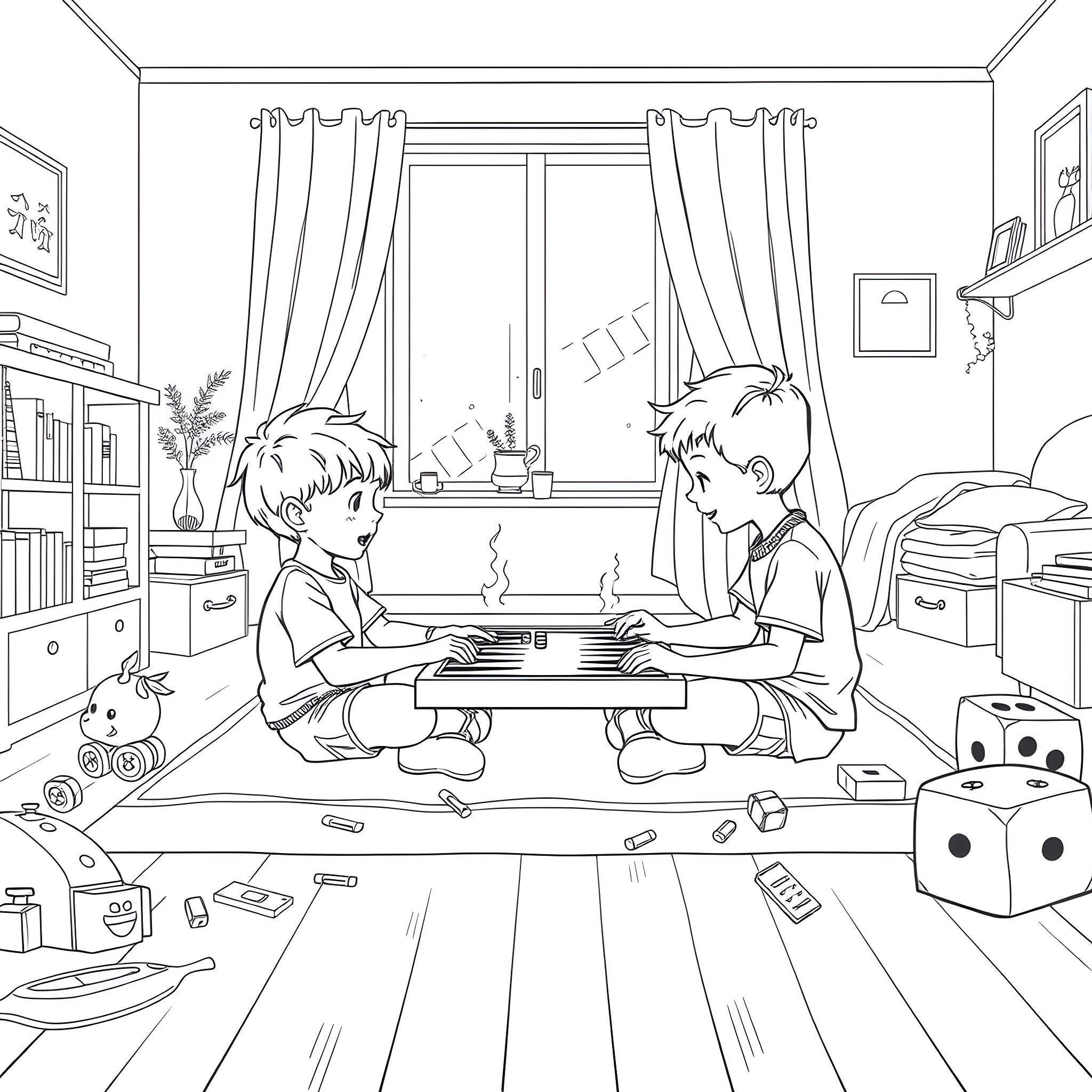 Child playing with toys in their bedroom Coloring Page (free black-and-white line drawing printable PDF for all, from beginners to advanced learners, including children, teens, adults, and seniors)